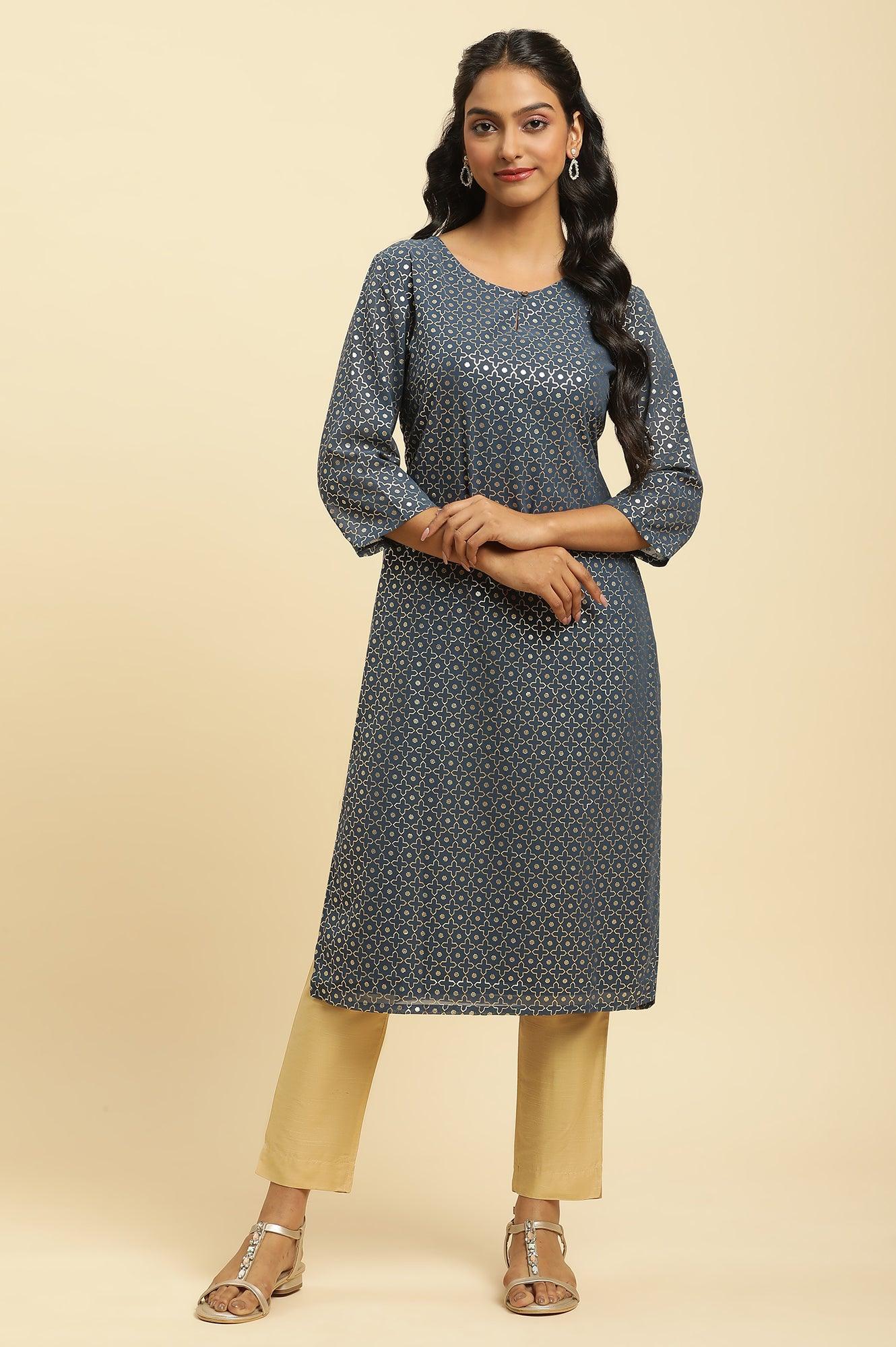 Blue Foil Printed Straight Kurta - wforwoman