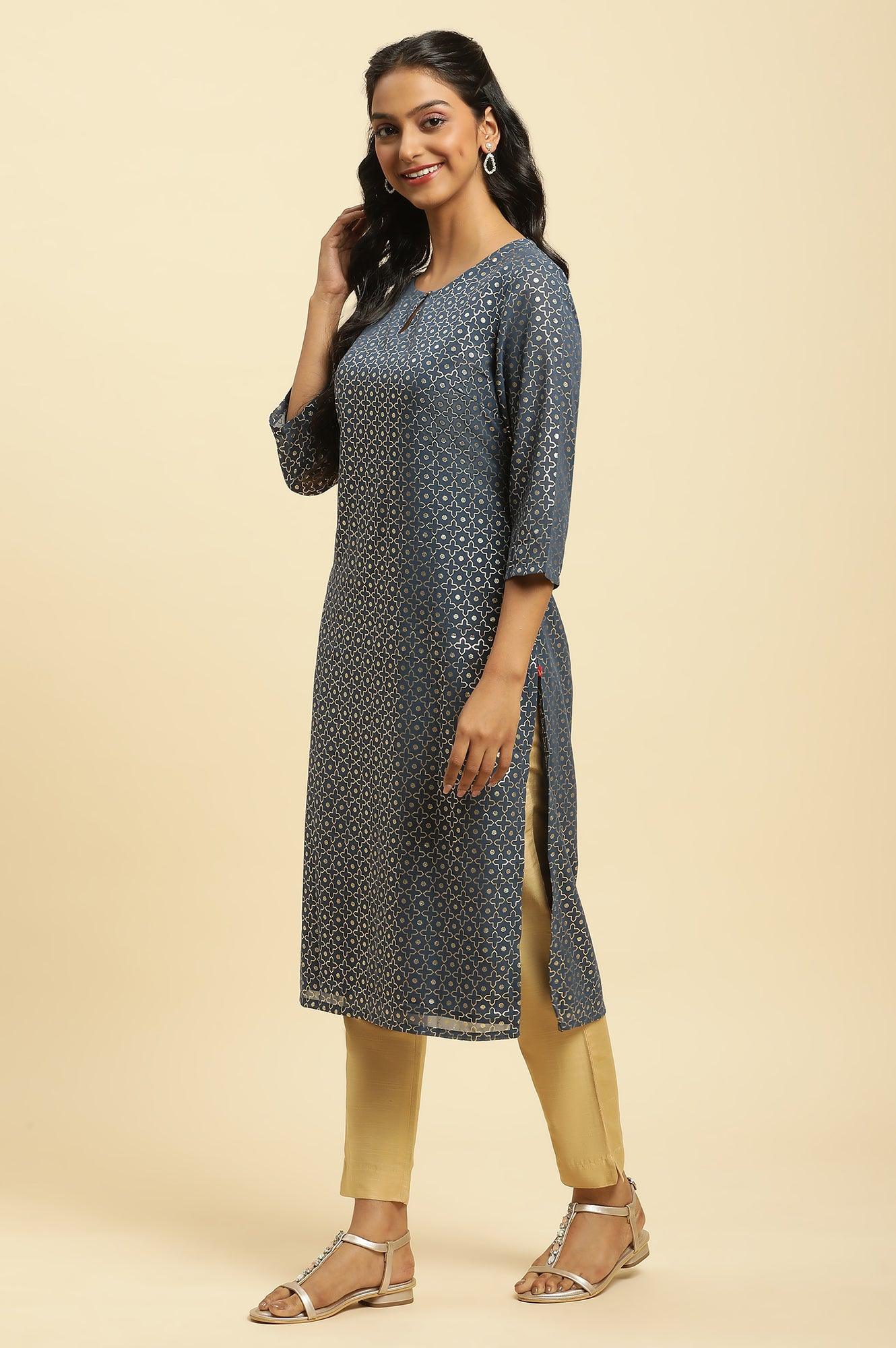 Blue Foil Printed Straight Kurta - wforwoman