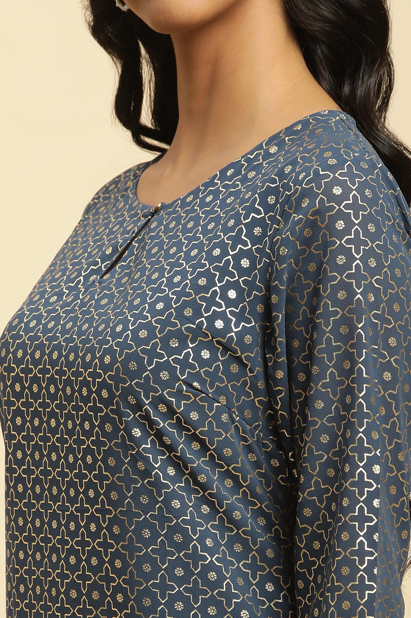 Blue Foil Printed Straight Kurta - wforwoman