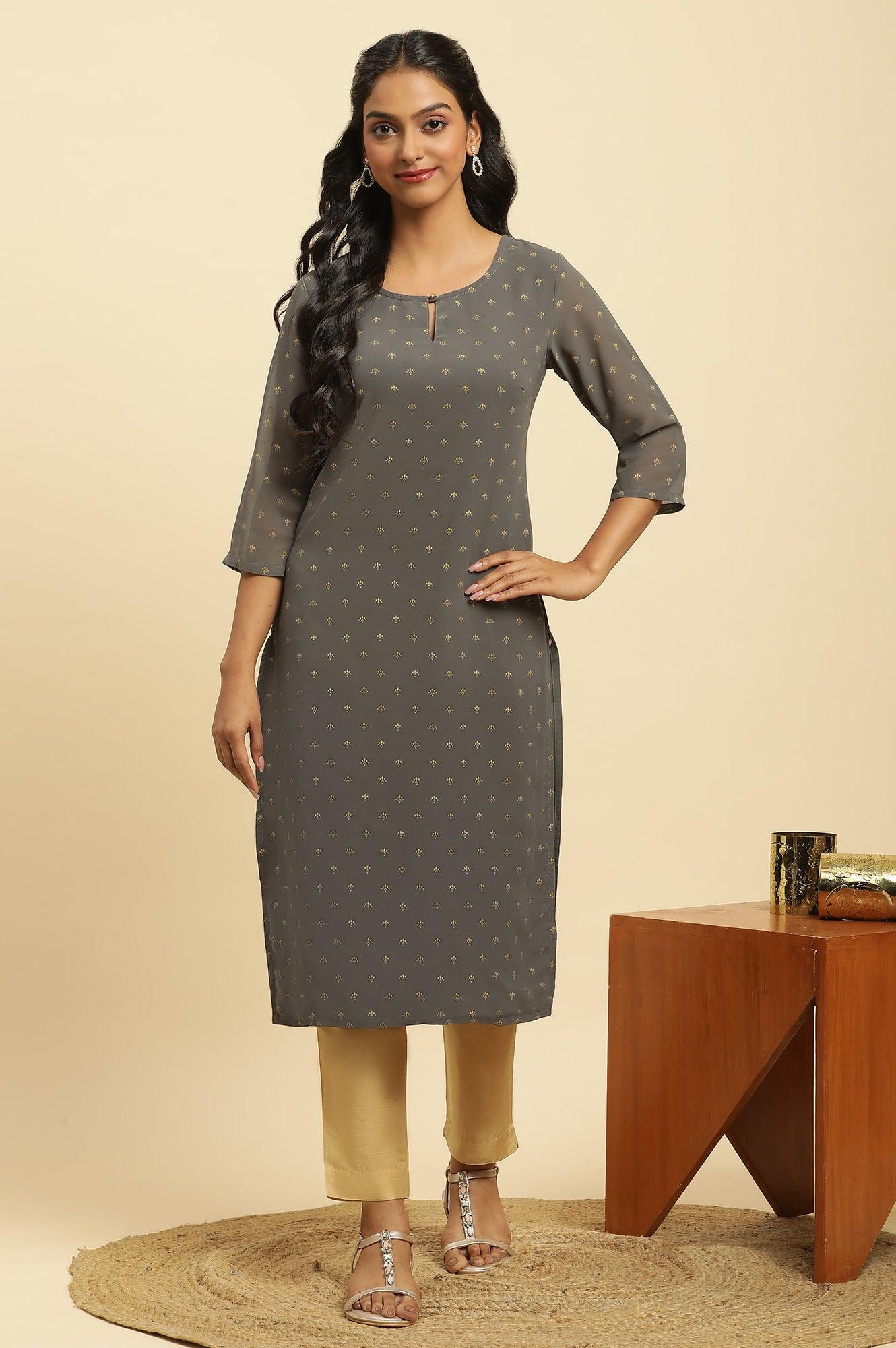 Grey Foil Printed Festive Kurta - wforwoman