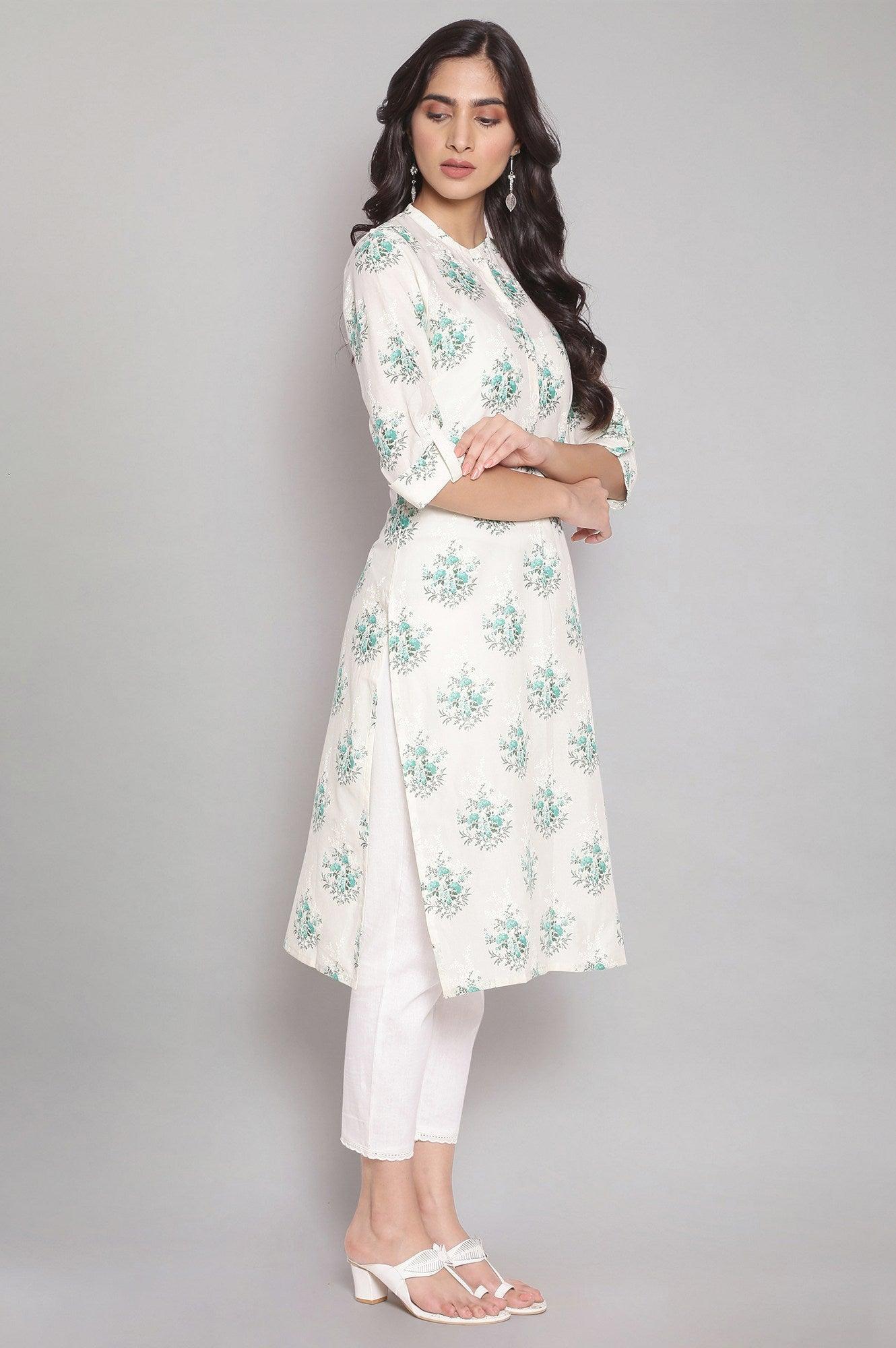 Ecru All-Over Floral Print kurta - wforwoman