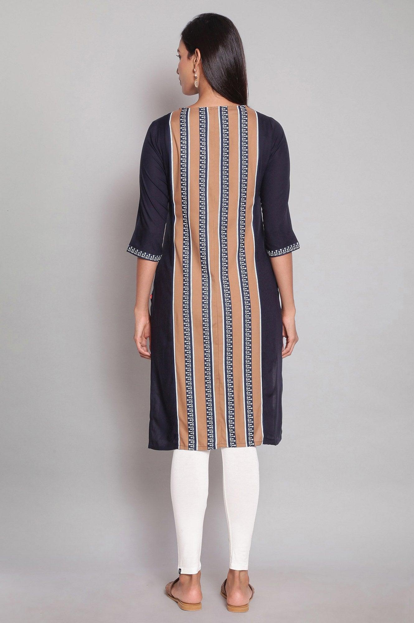 Navy Blue Round Neck kurta With Placement Print - wforwoman