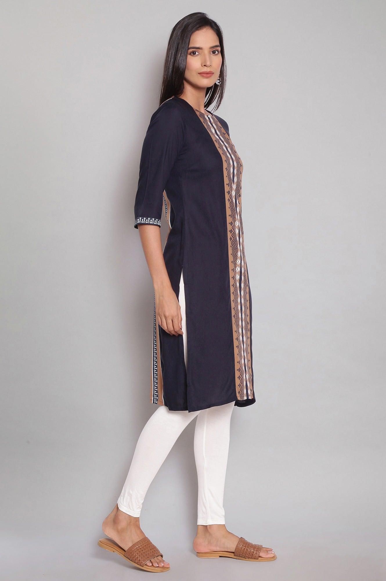 Navy Blue Round Neck kurta With Placement Print - wforwoman