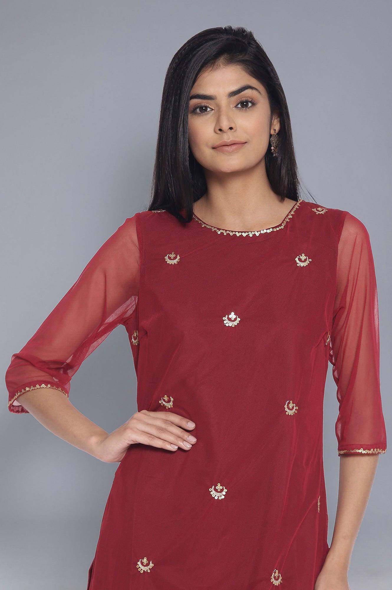 Dark Red Embroidered kurta - wforwoman