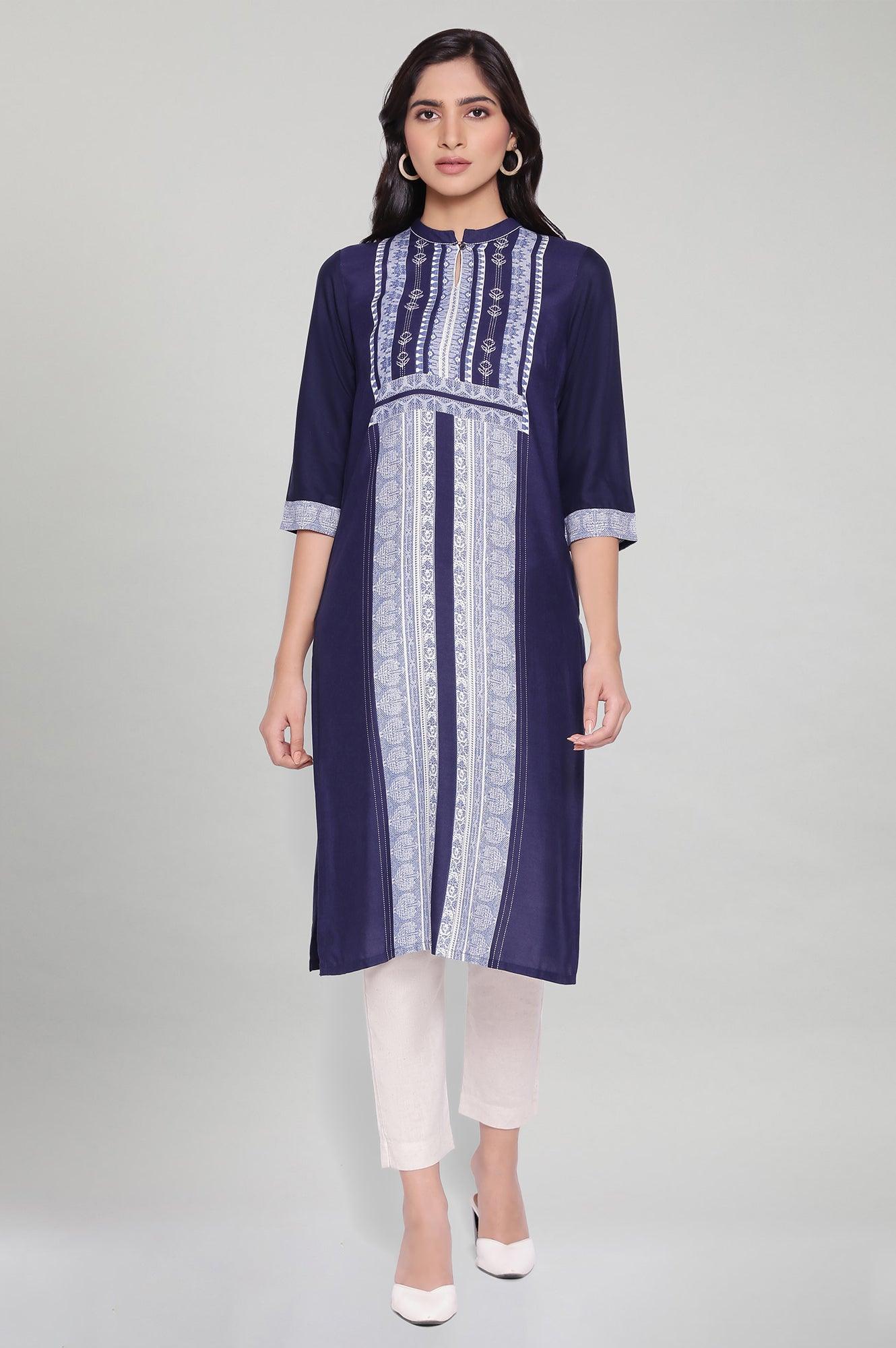 Navy Blue Straight Printed kurta - wforwoman