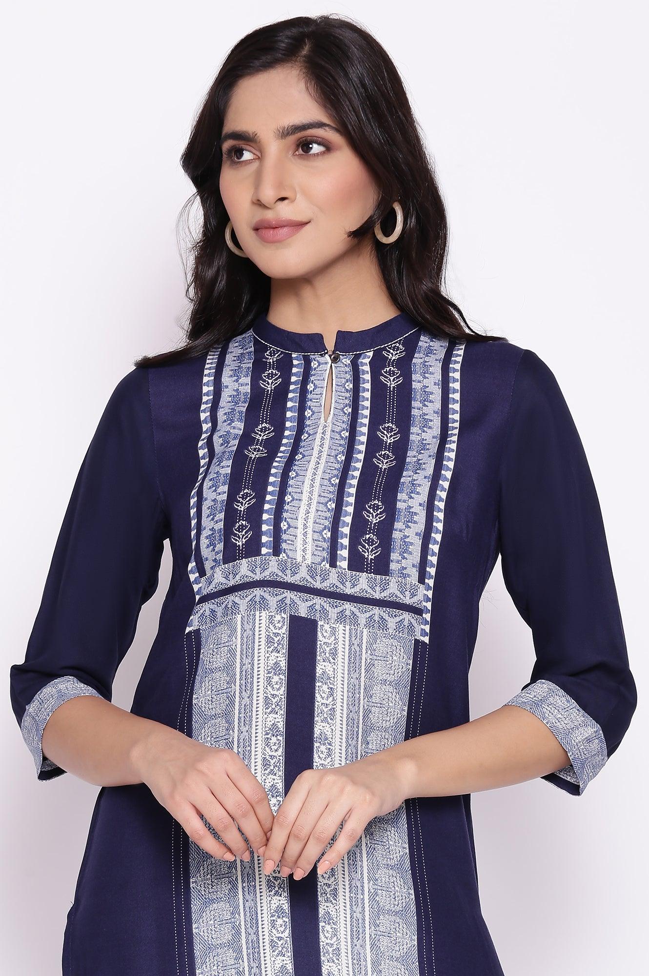 Navy Blue Straight Printed kurta - wforwoman