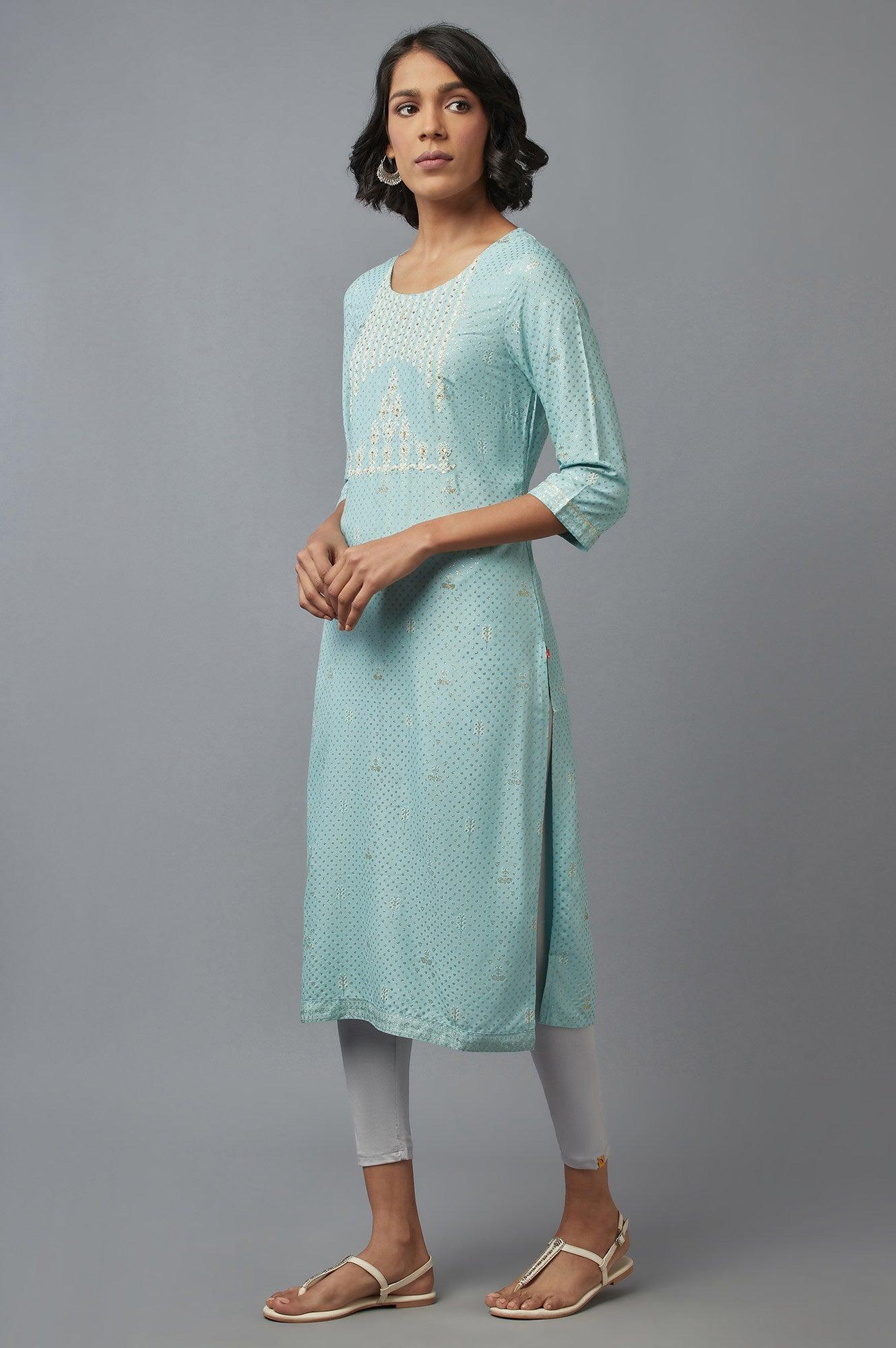 Light Blue Floral Print kurta in Round Neck with Dori Embroidery - wforwoman
