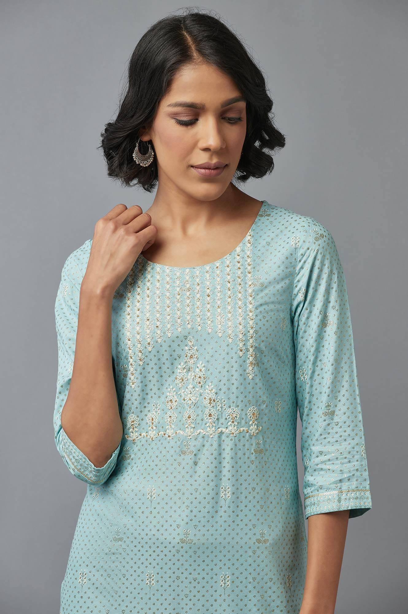 Light Blue Floral Print kurta in Round Neck with Dori Embroidery - wforwoman