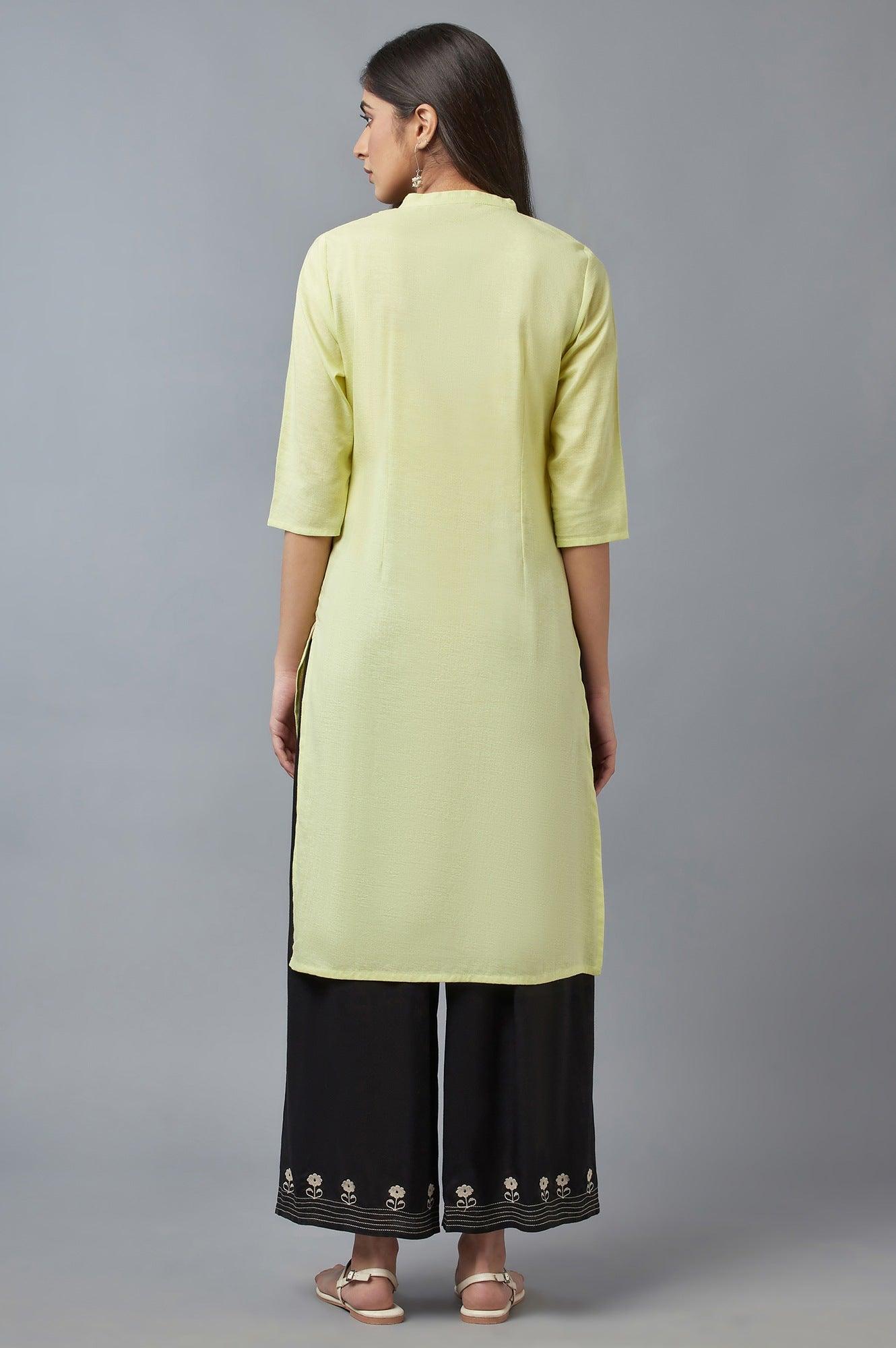 Lime Green Solid Cotton Khadi kurta - wforwoman