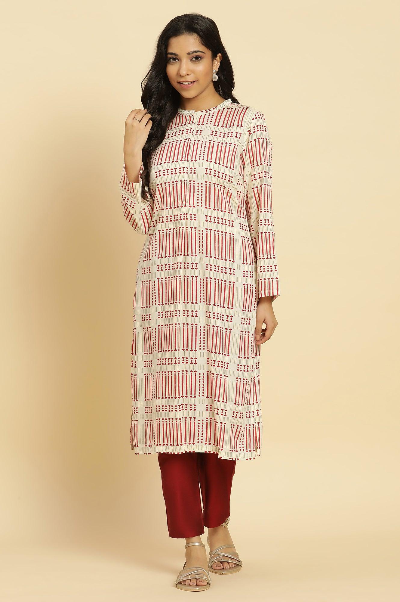 White Printed Mandarin Collar Kurta - wforwoman