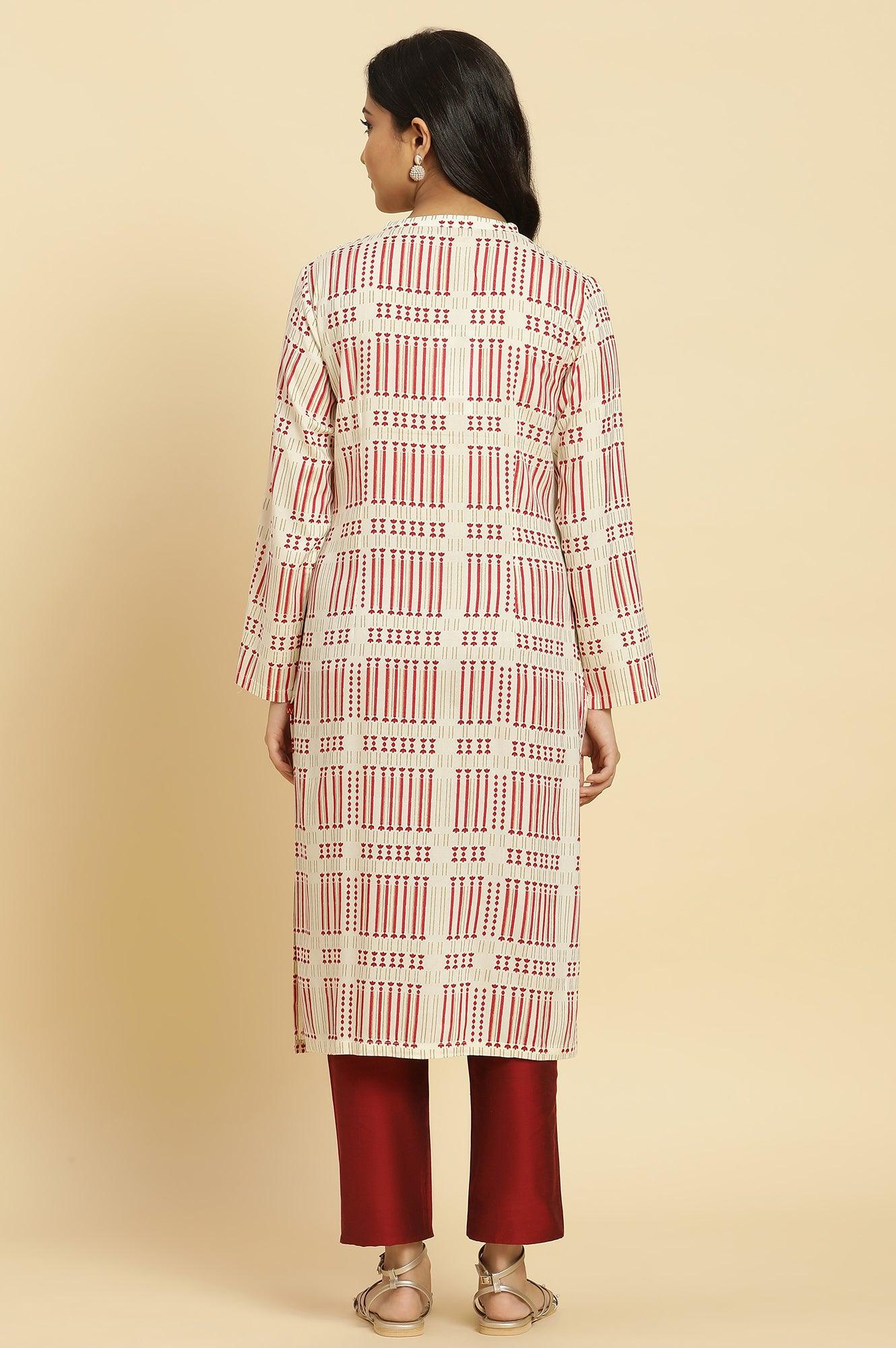 White Printed Mandarin Collar Kurta - wforwoman