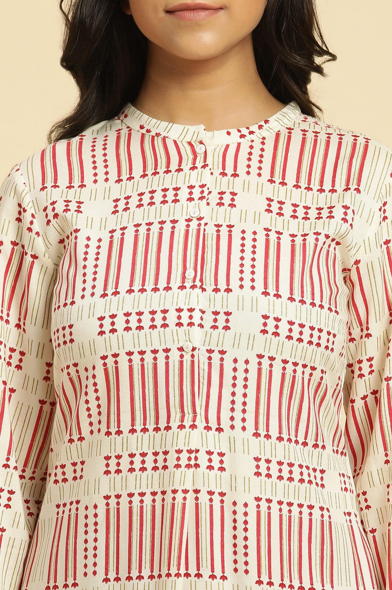 White Printed Mandarin Collar Kurta - wforwoman