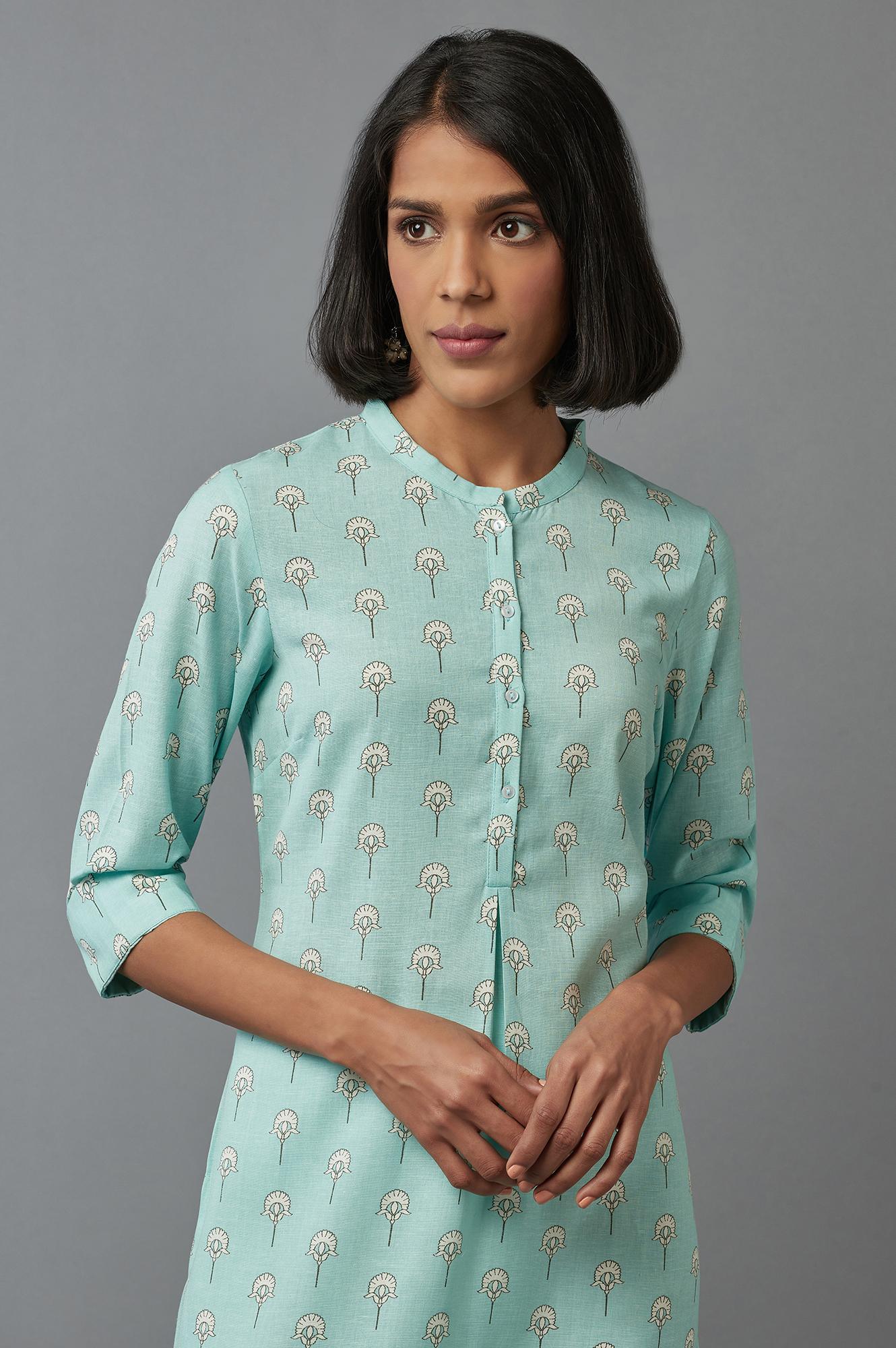 Light Blue Floral Print kurta in Mandarin Collar - wforwoman