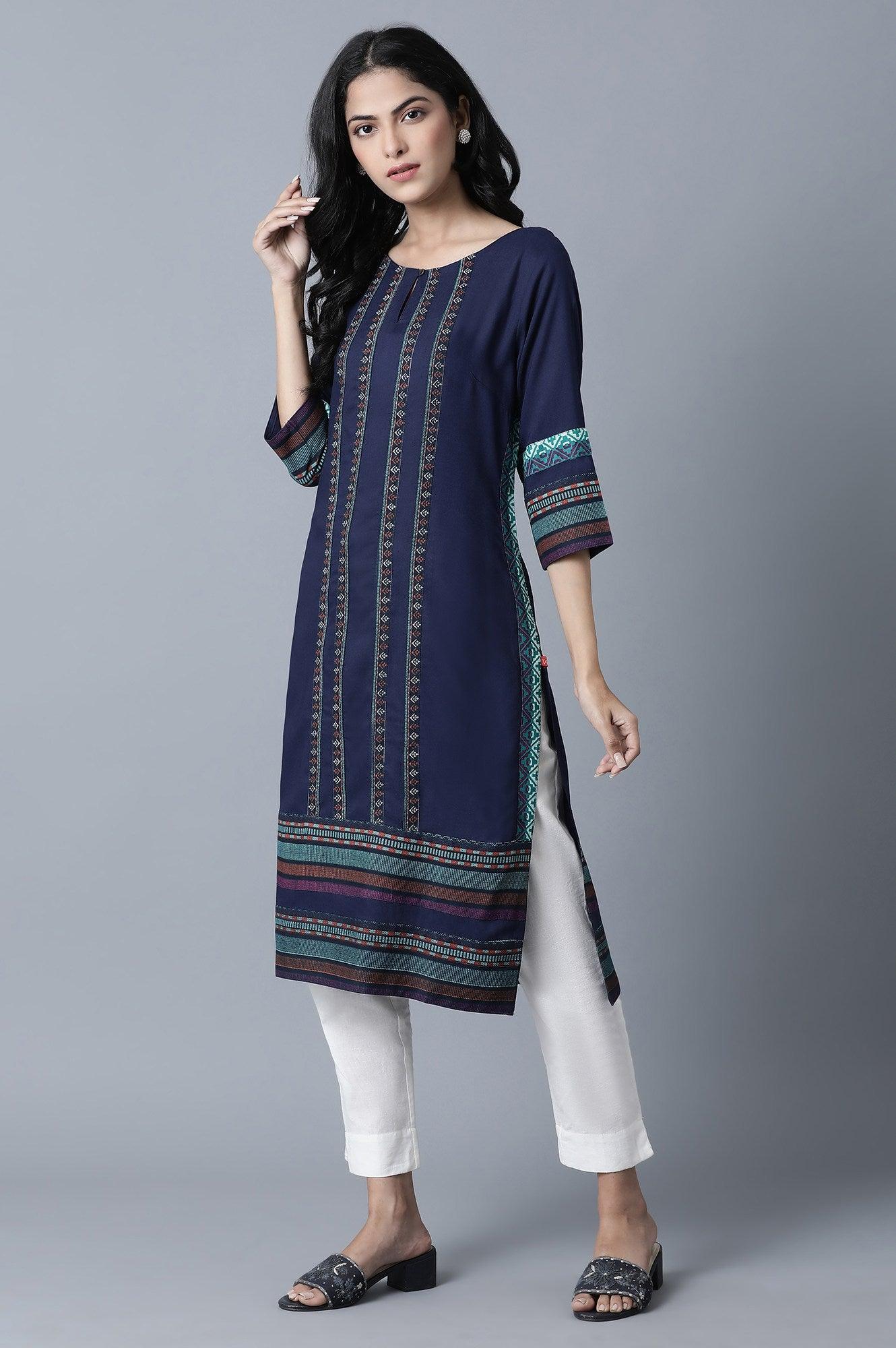 Blue Geometric Print kurta in Keyhole Neckline - wforwoman