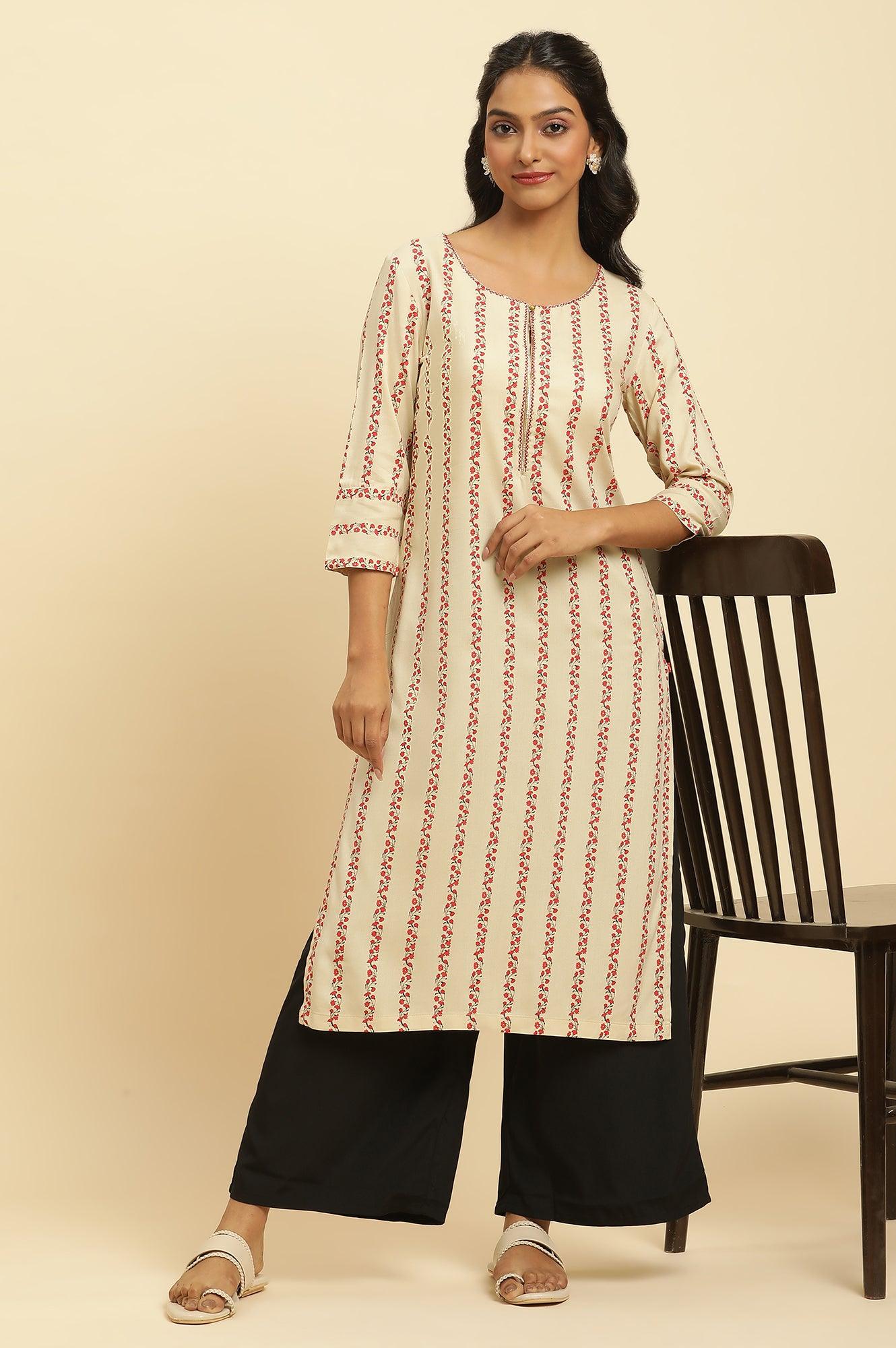 Beige Floral Stripes Print Kurta - wforwoman