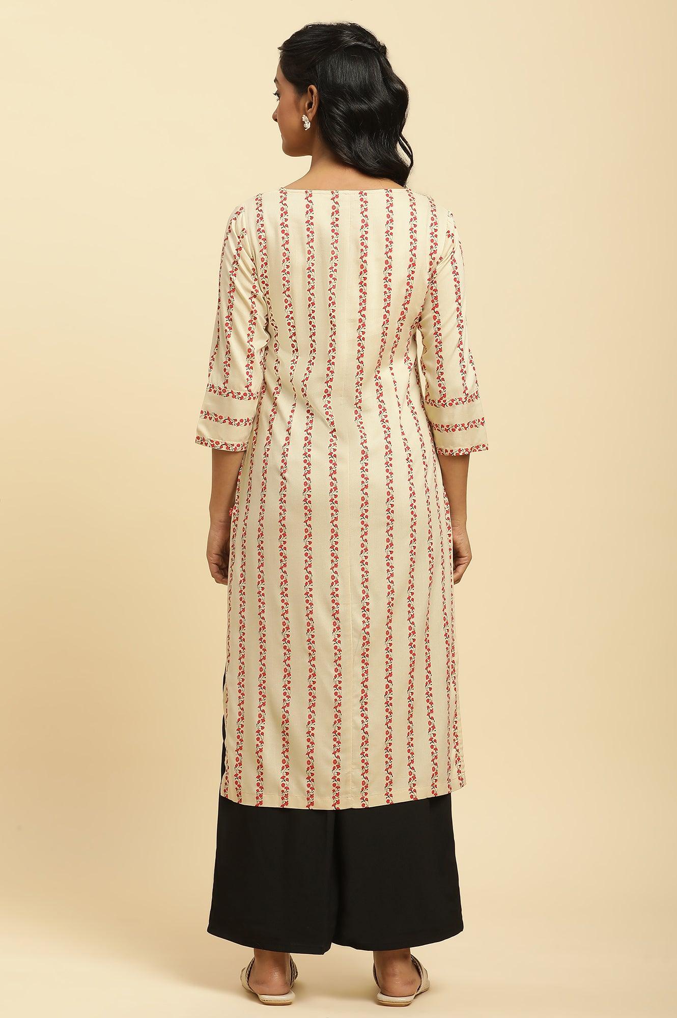 Beige Floral Stripes Print Kurta - wforwoman