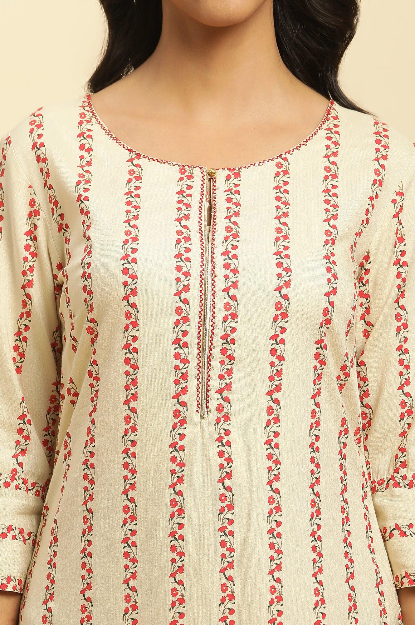 Beige Floral Stripes Print Kurta - wforwoman