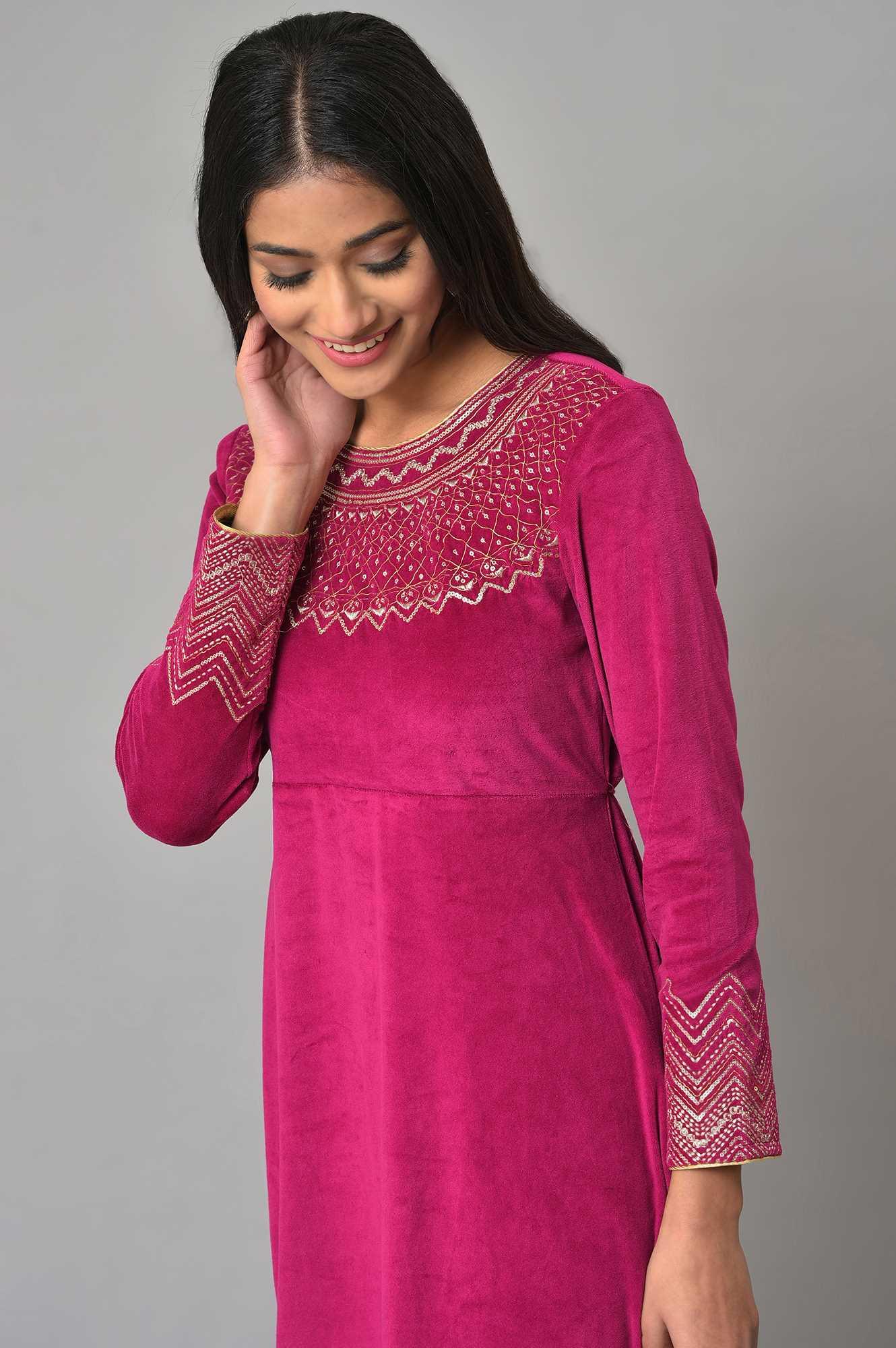 Pink Zari Embroidered Straight Kurta, Pant And Dupatta Set - wforwoman