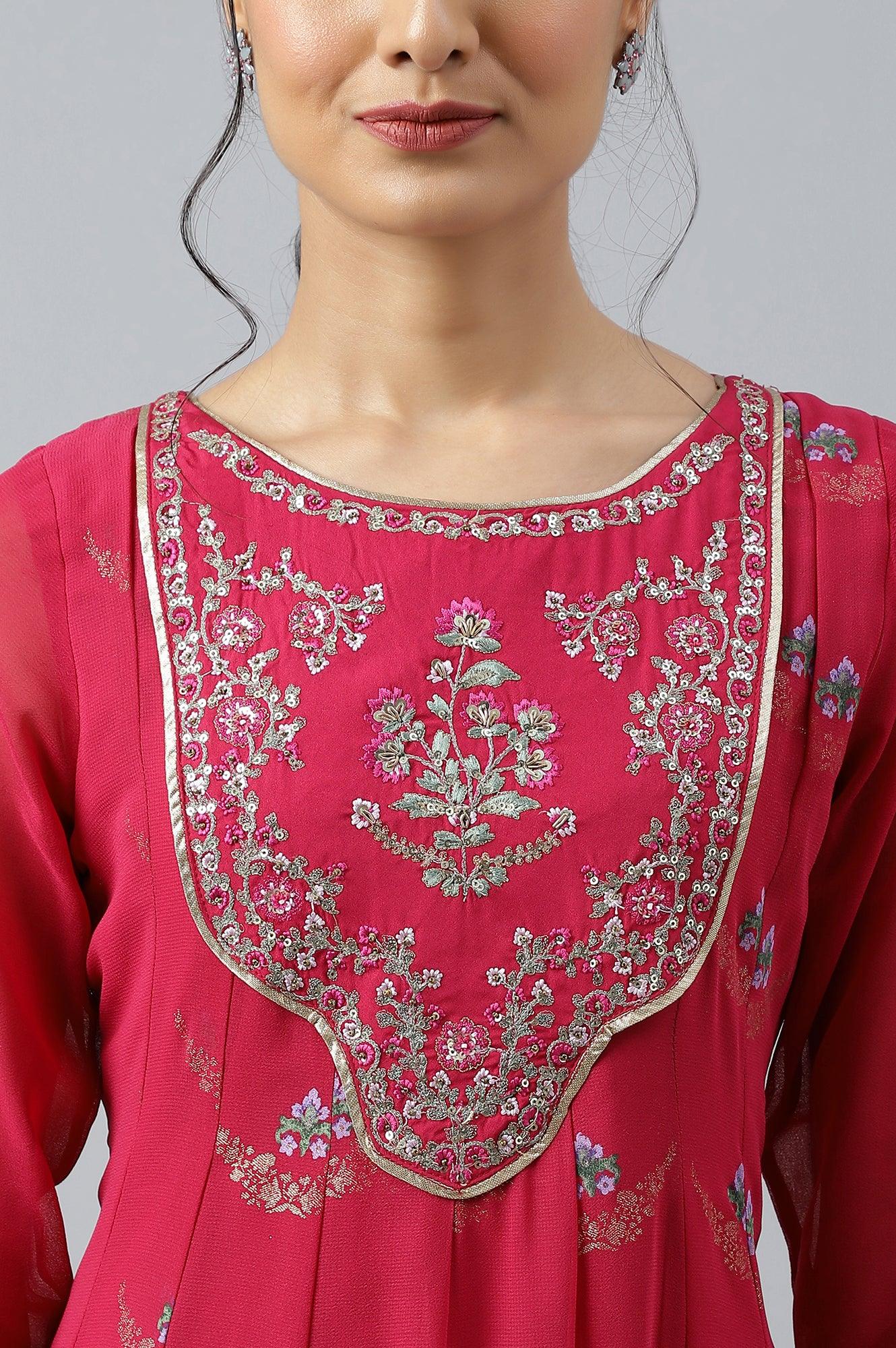 Pink Embroidered Panelled Georgette Dress - wforwoman