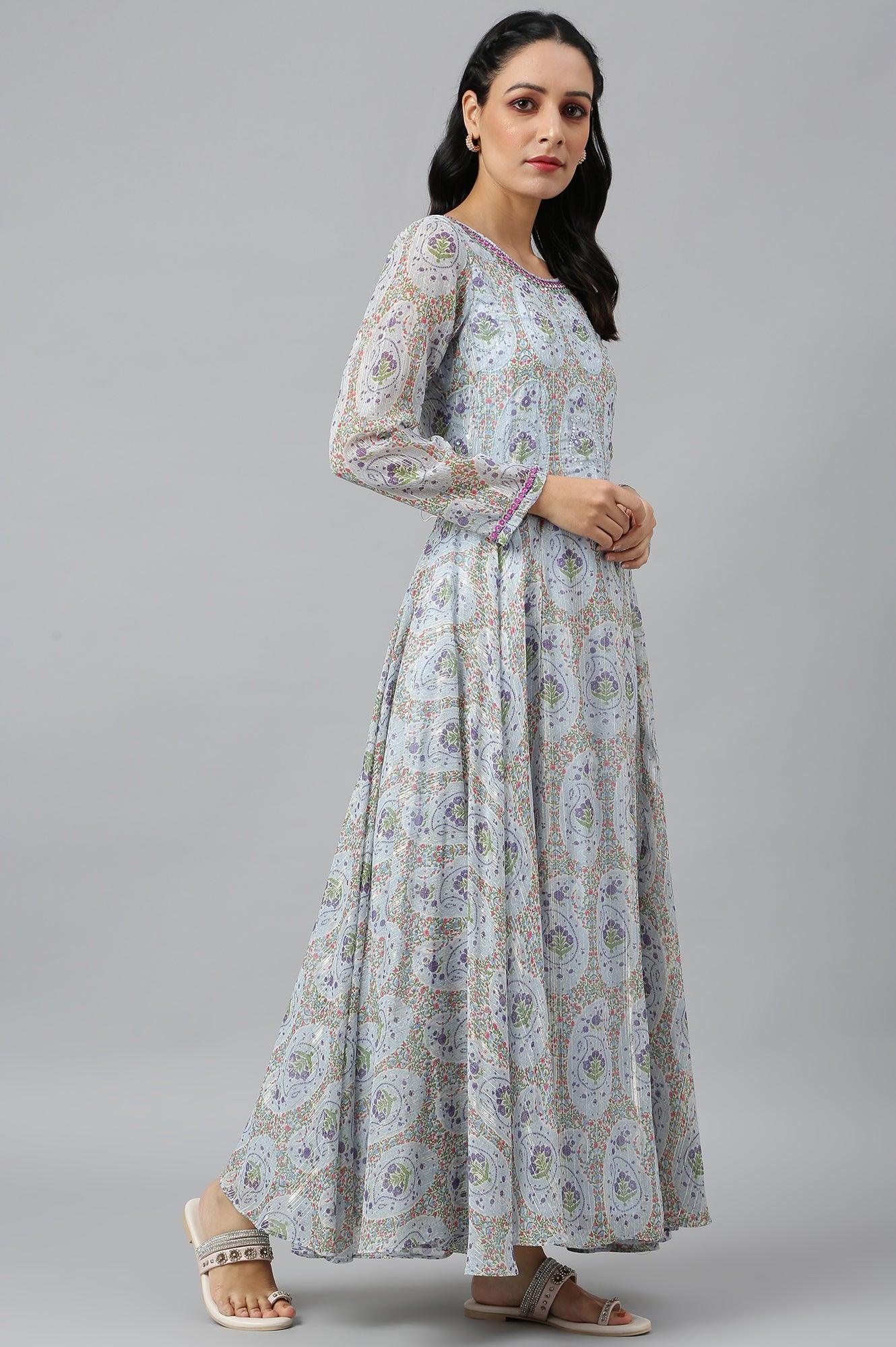 Light Blue Paisley Print Chiffon Dress With Sequin - wforwoman