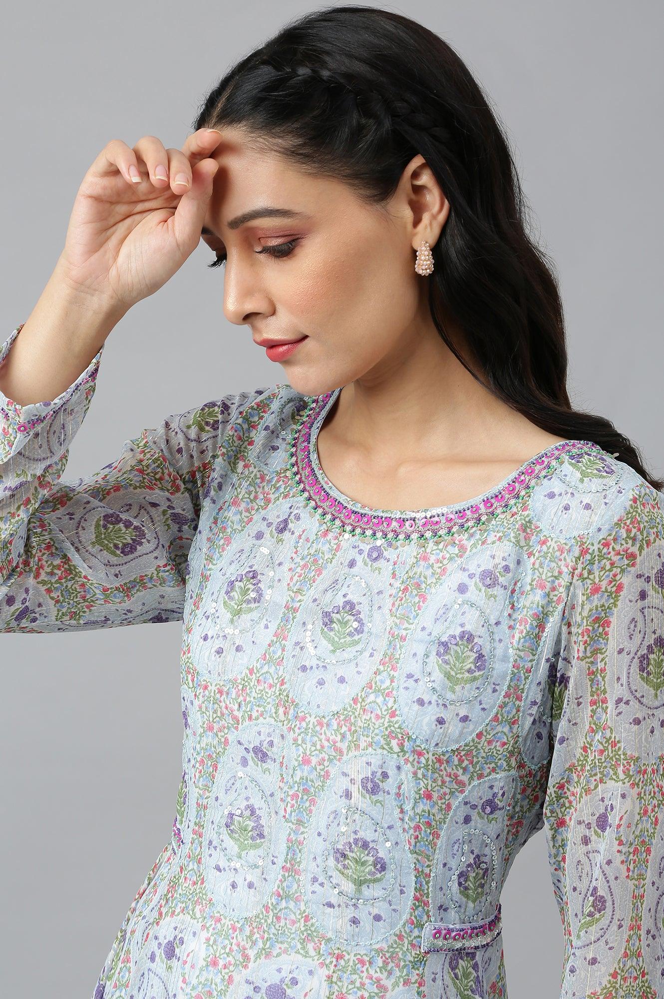 Light Blue Paisley Print Chiffon Dress With Sequin - wforwoman