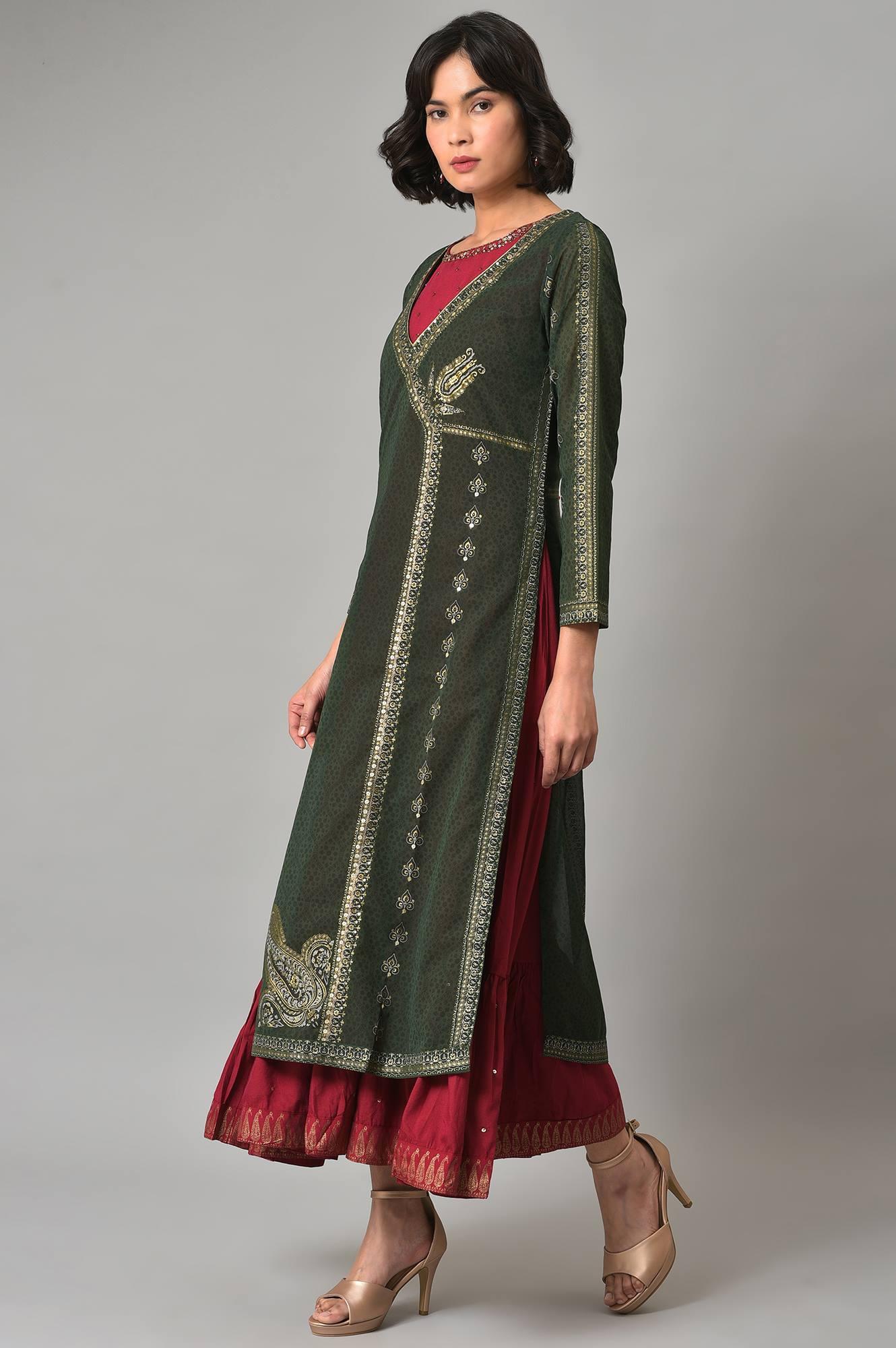 Green Mock Angrakha Gillet With Maroon Tiered Dress - wforwoman