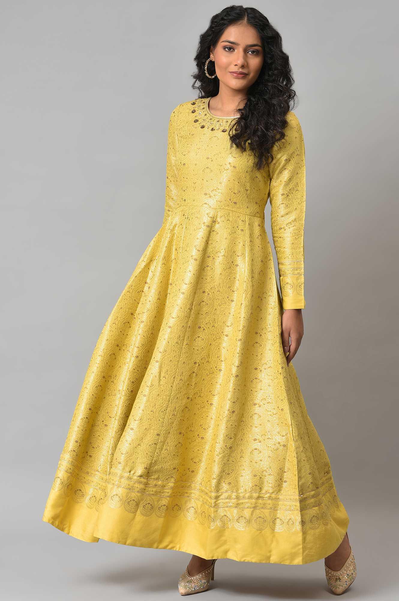 Yellow Paisley Printed Anarkali Indie Dress - wforwoman