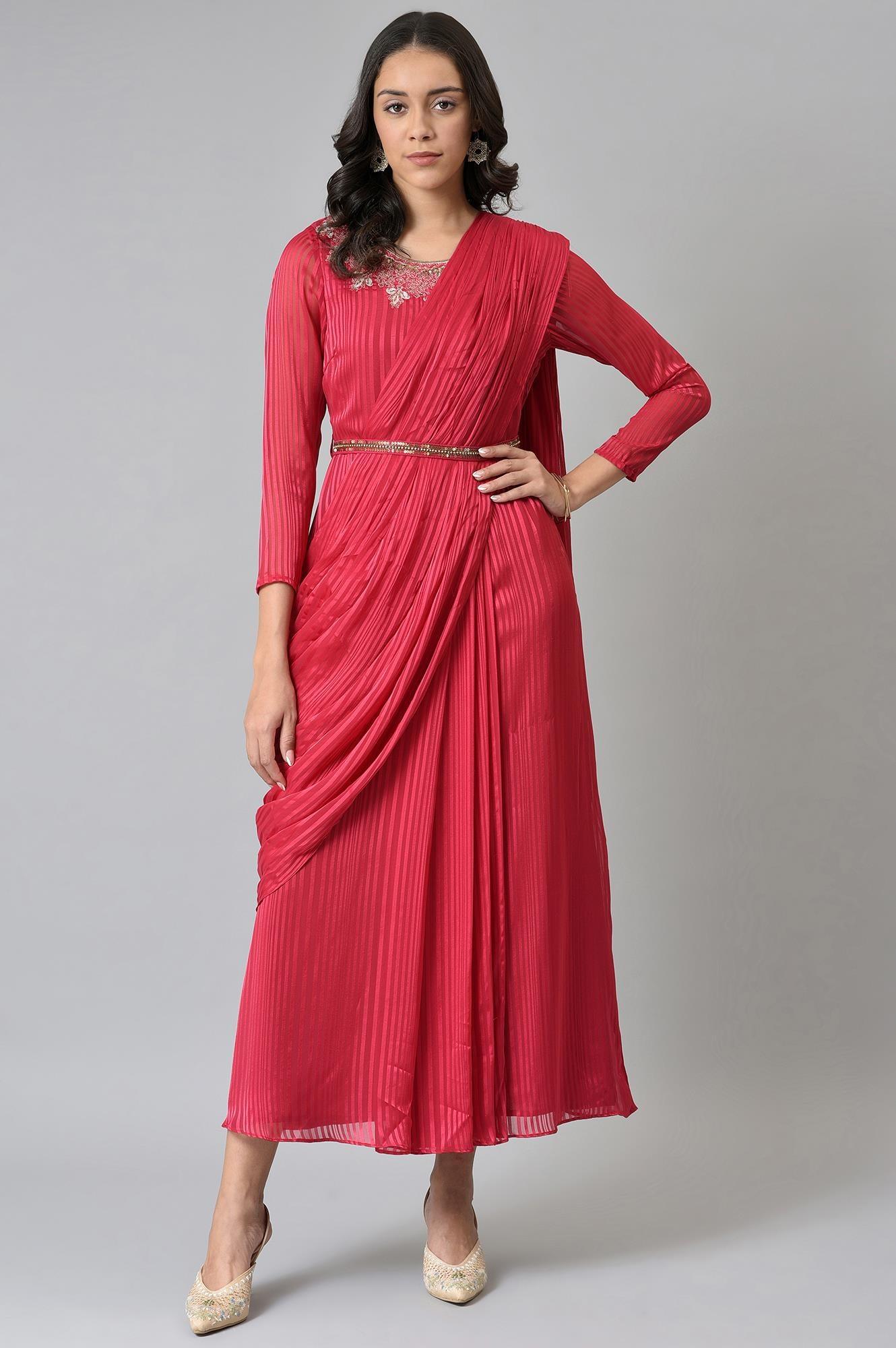Coral Red Embroidered Predape Saree Dress - wforwoman