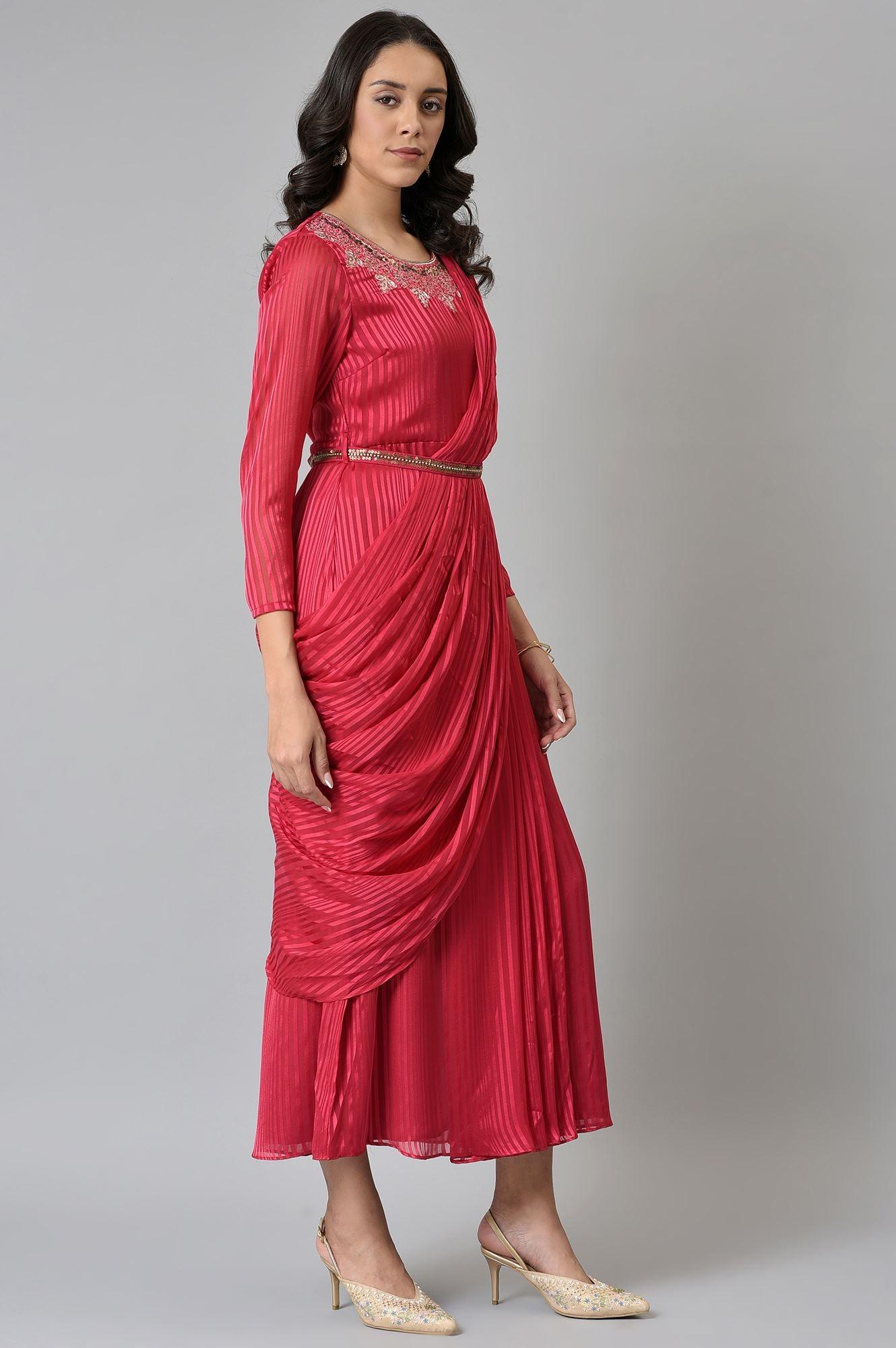 Coral Red Embroidered Predape Saree Dress - wforwoman