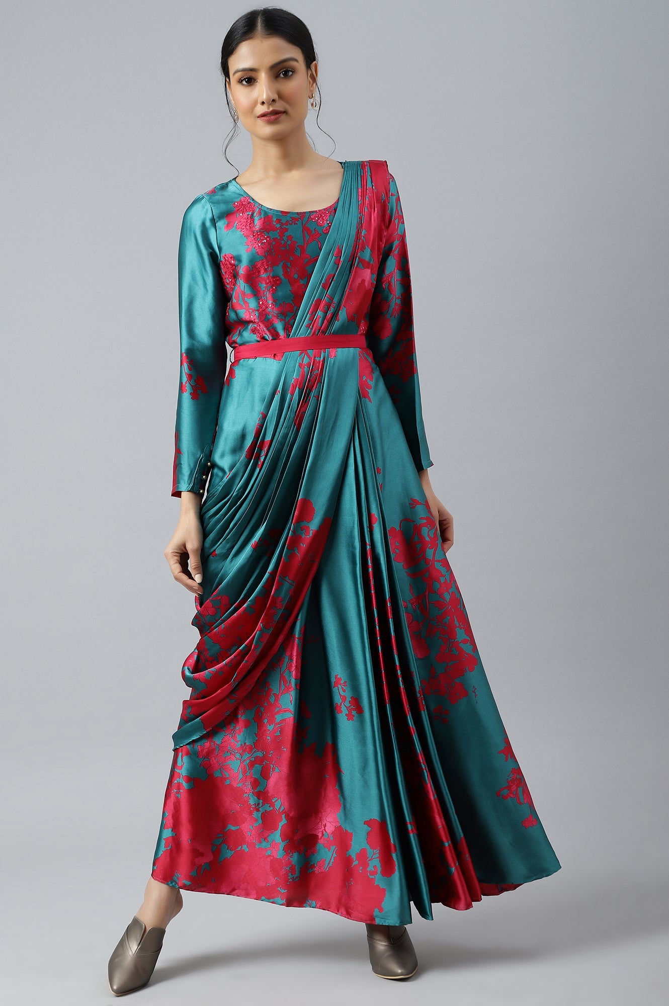 Buy Dark Pink and Green Satin Predrape Saree Dress with Embroidered Belt  Online for Woman | WforWoman