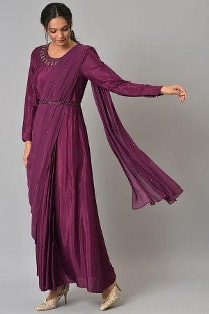 Dark Purple Hand Embroidered Predraped Insta Saree - wforwoman