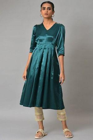 Dark Green Beaded Silk kurta - wforwoman