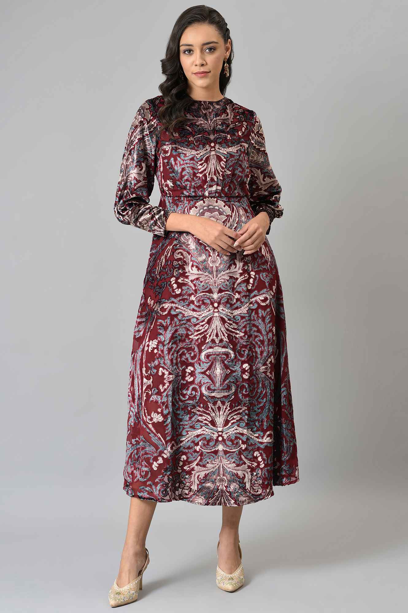 Buy Dark Red Floral Printed Velvet Cocktail Dress Online for Woman