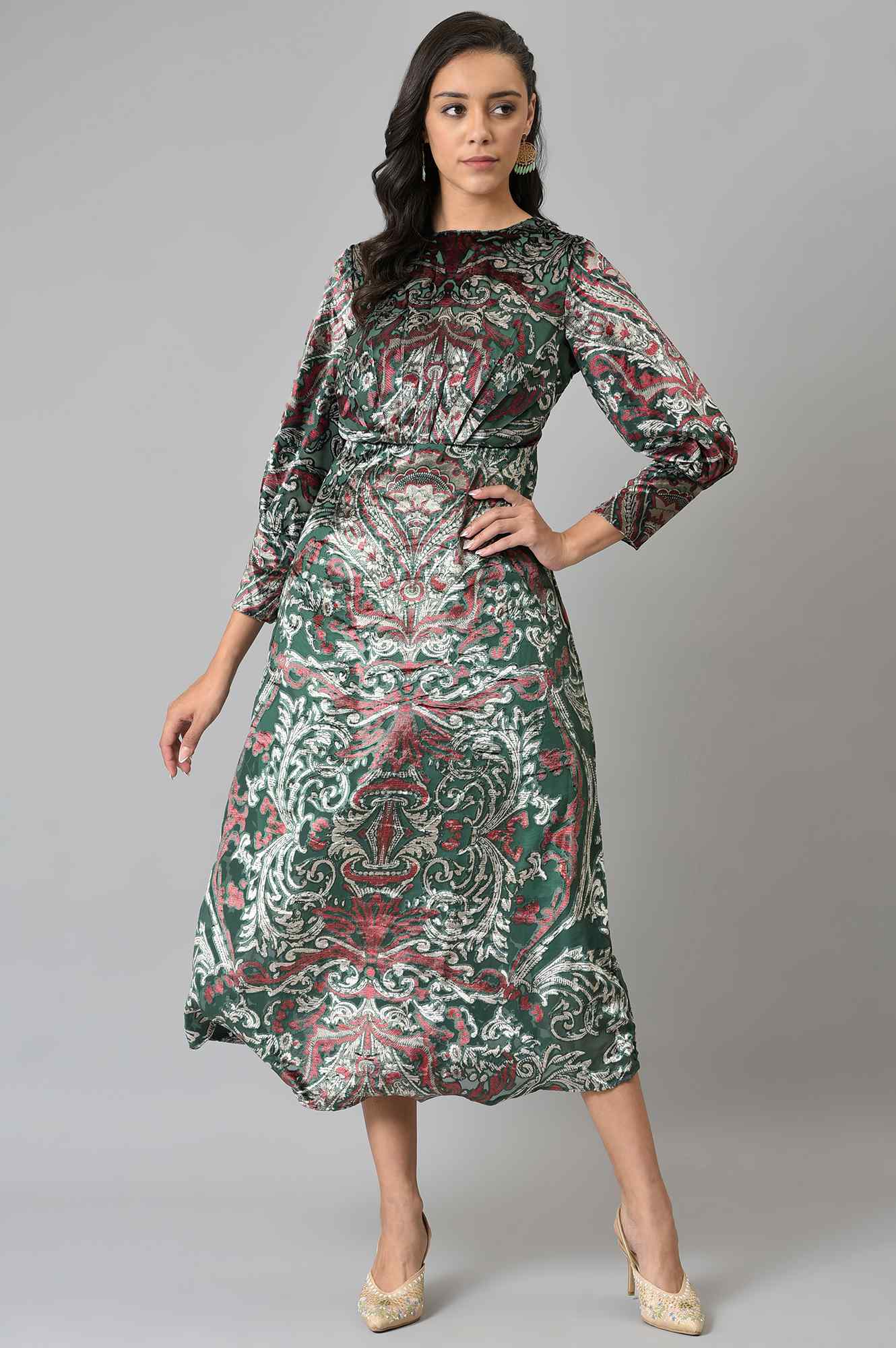 Buy Green Floral Printed Velvet Cocktail Dress Online for Woman | WforWoman