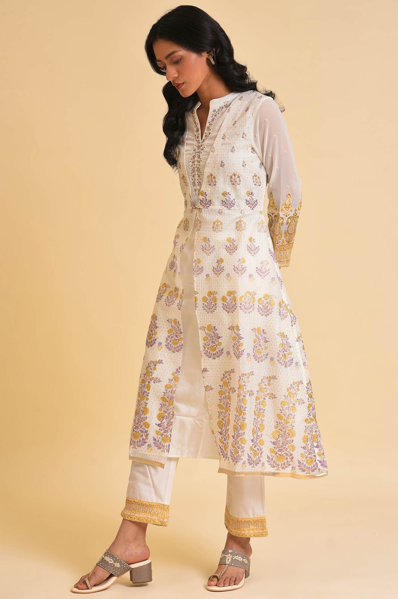 Ecru Mock Layer Printed Kurta & Straight Pants Set