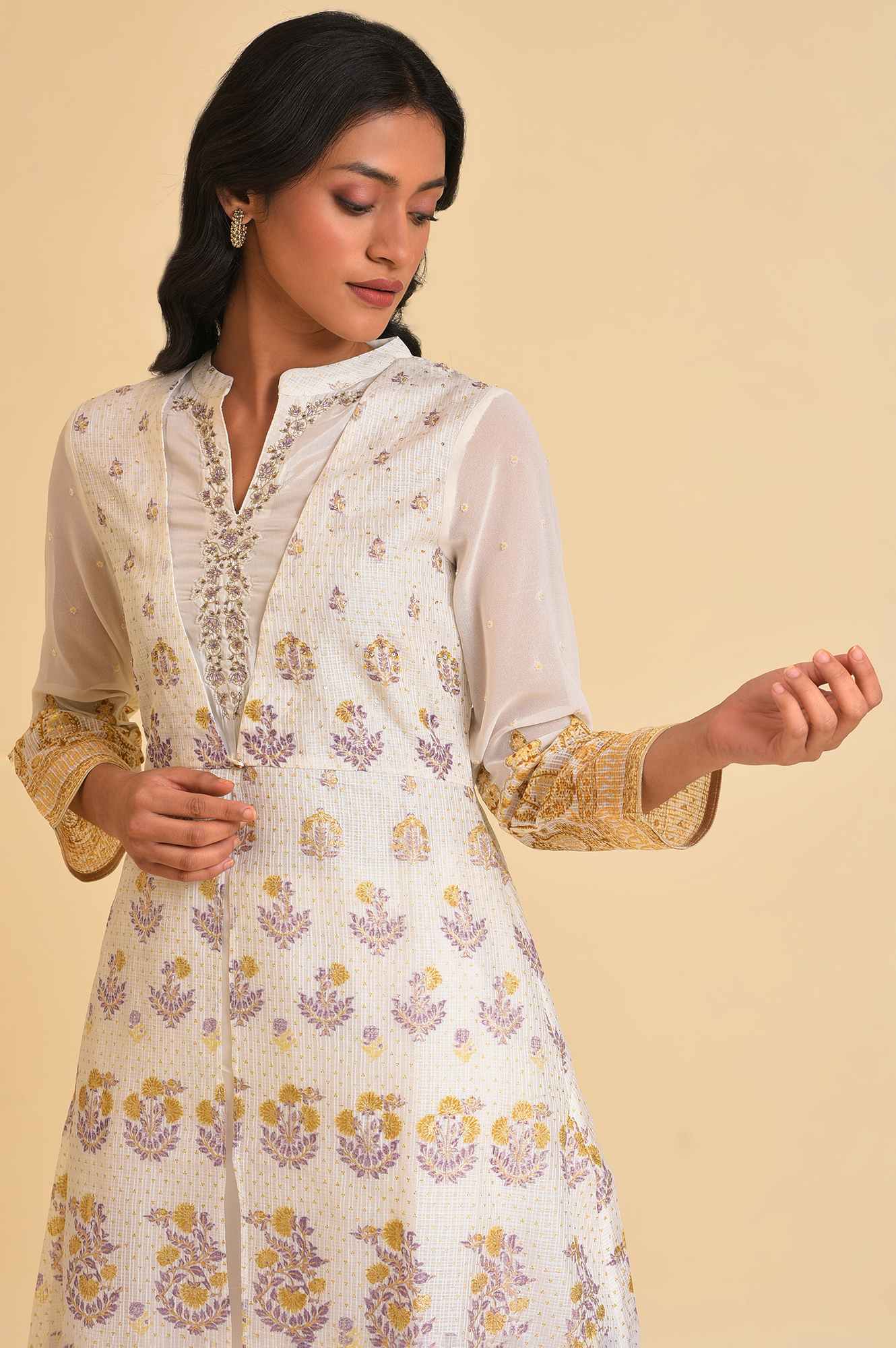 Ecru Mock Layer Printed Kurta & Straight Pants Set