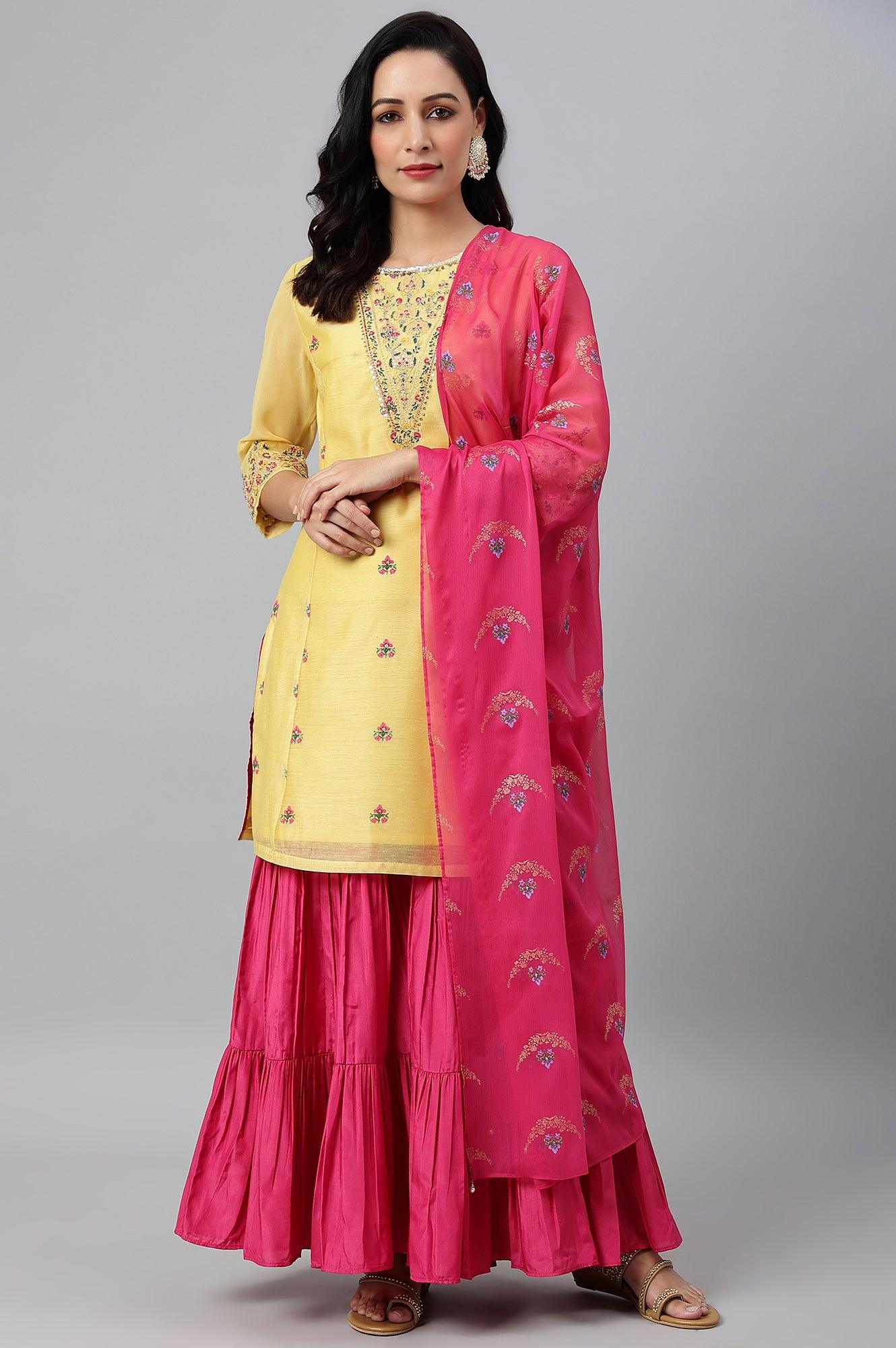 Yellow Chanderi kurta With Tiered Sharara And Dupatta - wforwoman