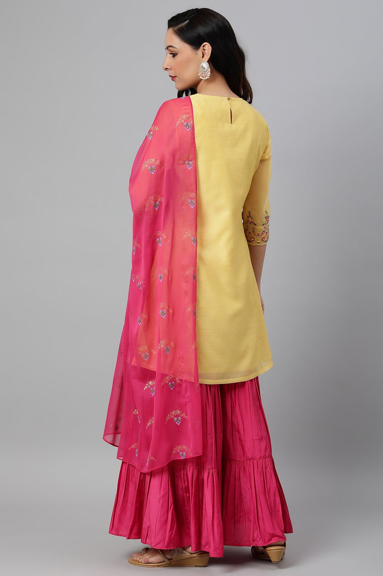 Yellow Chanderi kurta With Tiered Sharara And Dupatta - wforwoman