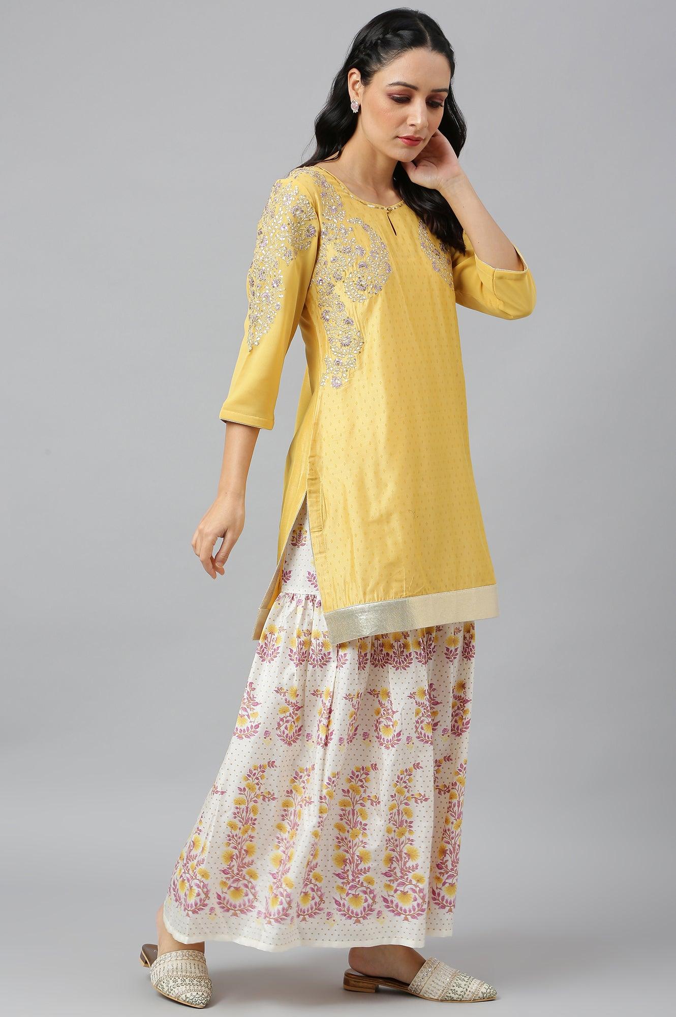 Yellow Dori Embroidered kurta With Ecru Sharara And Dupatta Set - wforwoman
