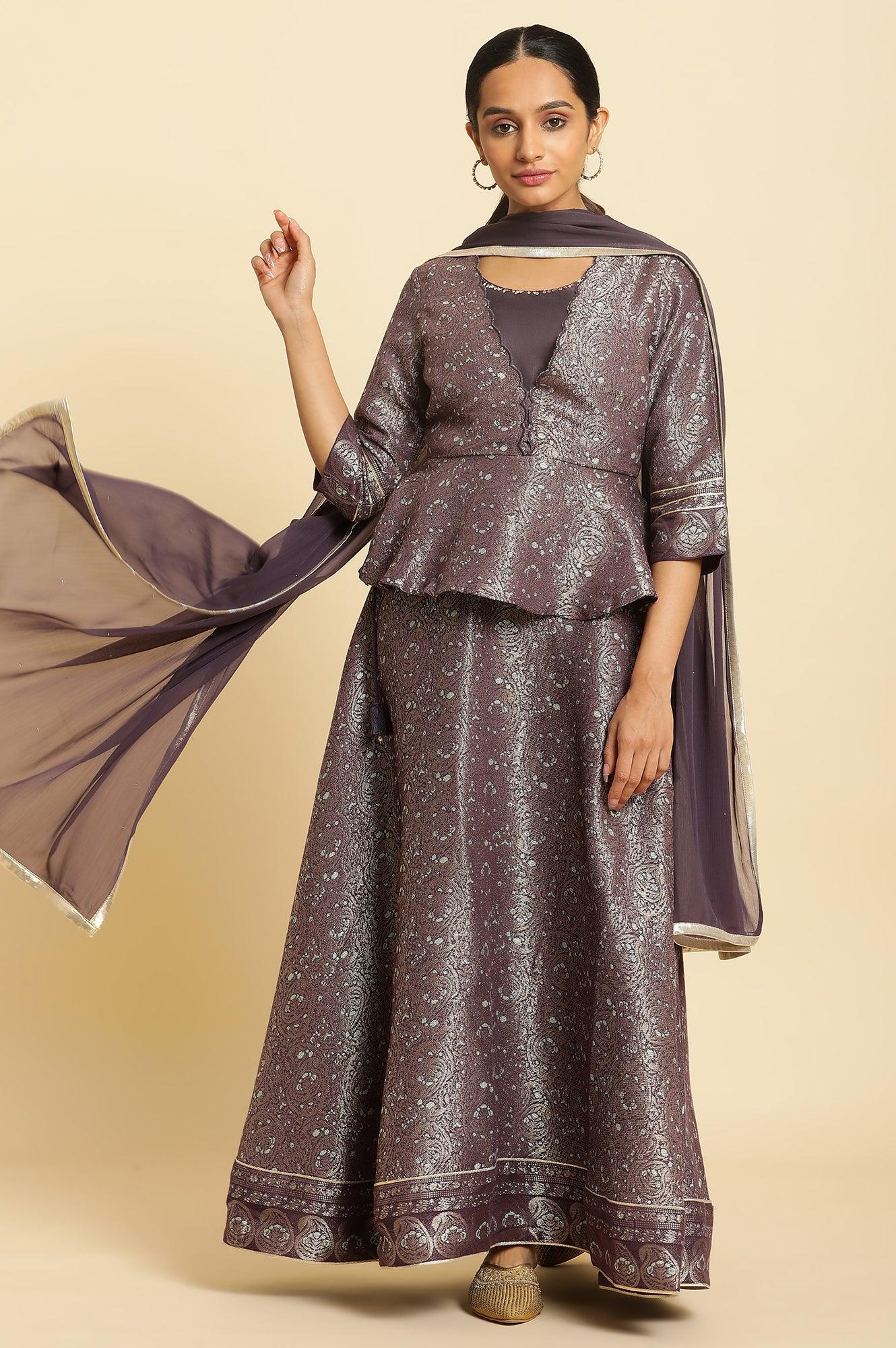 Purple Zari Jacquard Peplum Top With Skirt And Dupatta - wforwoman