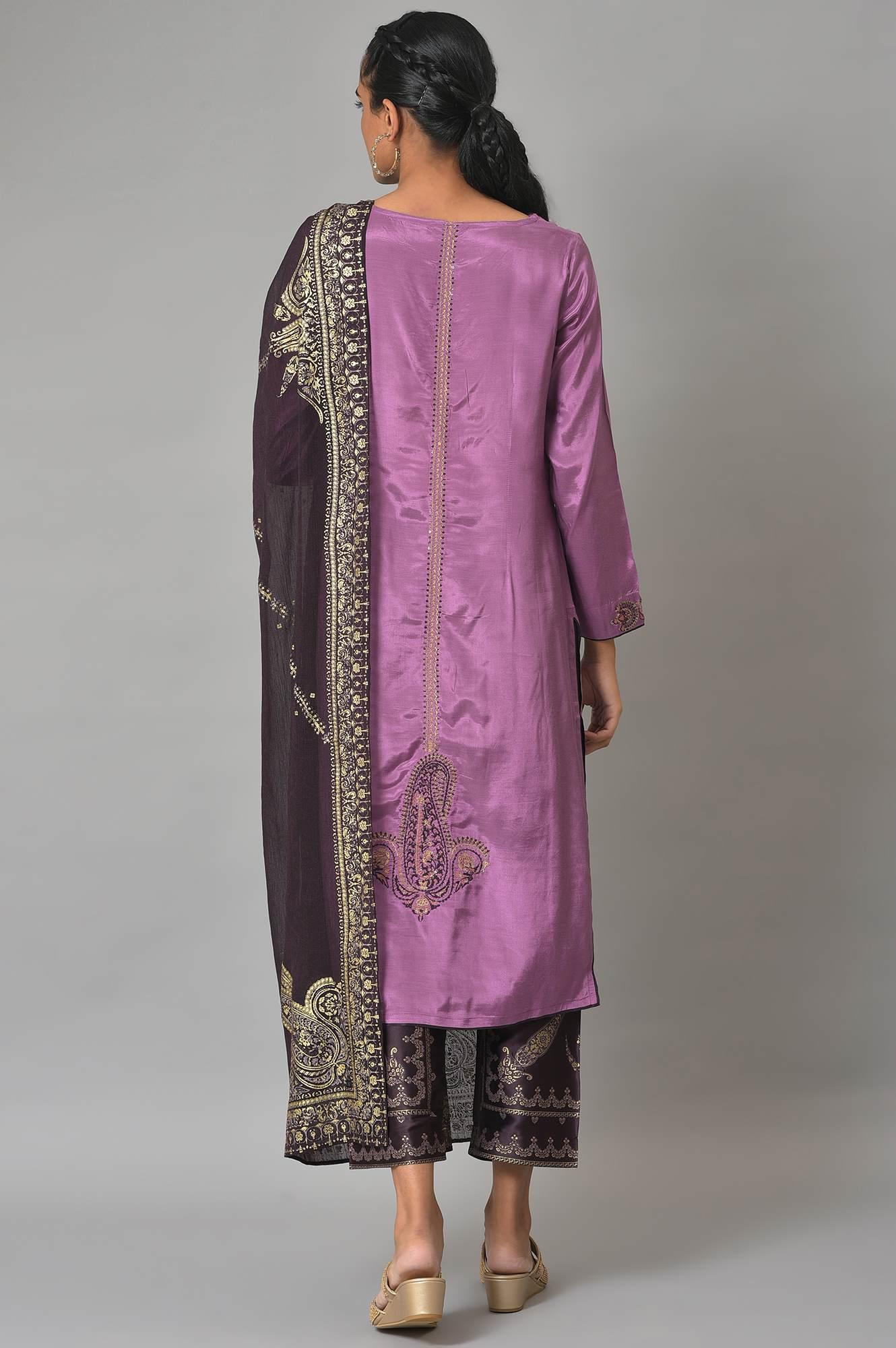 Light Purple Embroidered kurta, Pants & Chiffon Dupatta - wforwoman