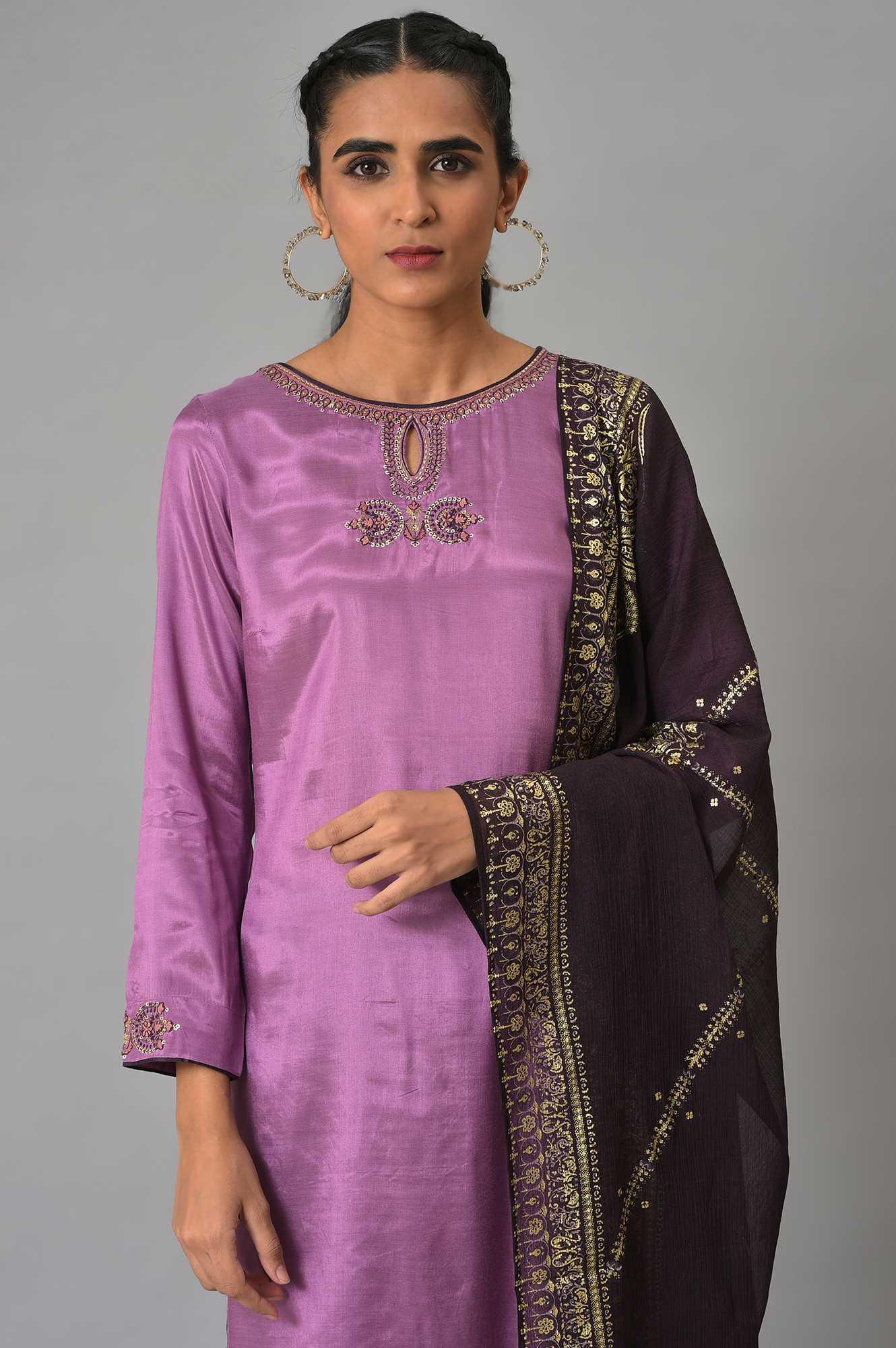 Light Purple Embroidered kurta, Pants & Chiffon Dupatta - wforwoman