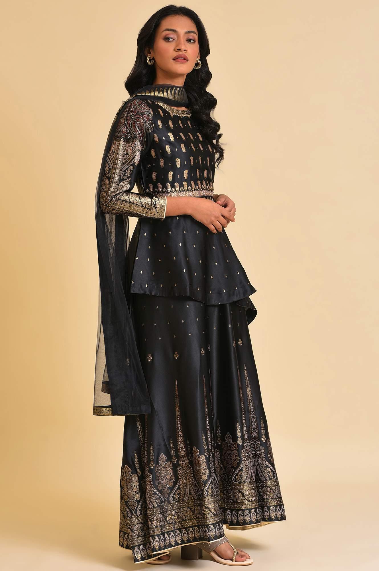 Black Satin Embellished Top With Skirt And Dupatta - wforwoman