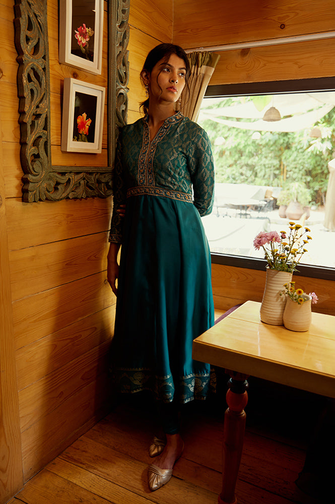 Buy Teal Embroidered Anarkali Mughal Gown With Tights Online for Woman