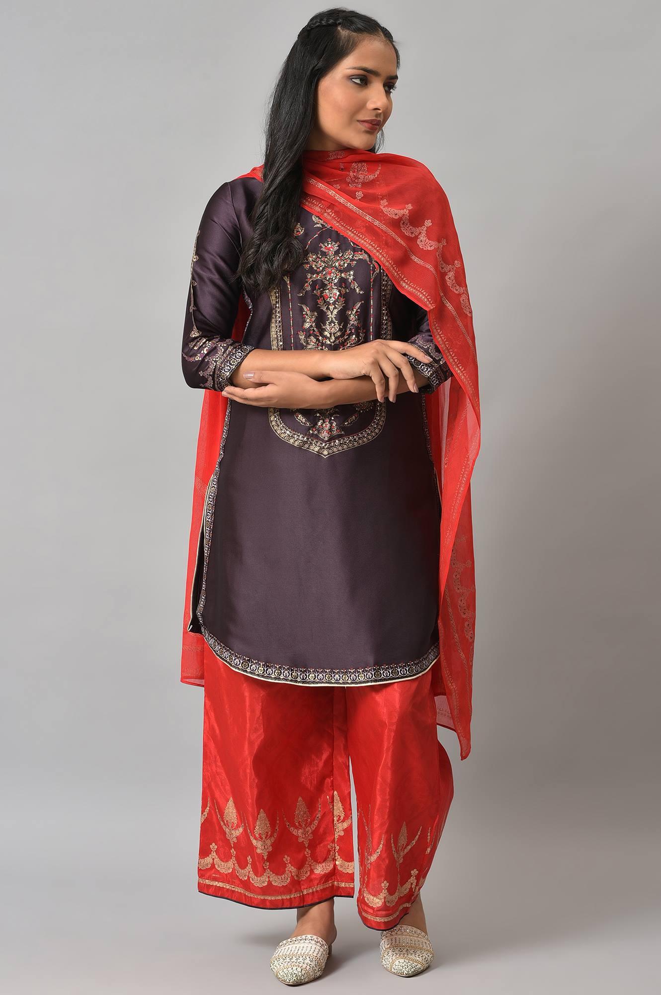 Purple Japanese Satin Short kurta With Red Parallel Pants And Dupatta - wforwoman