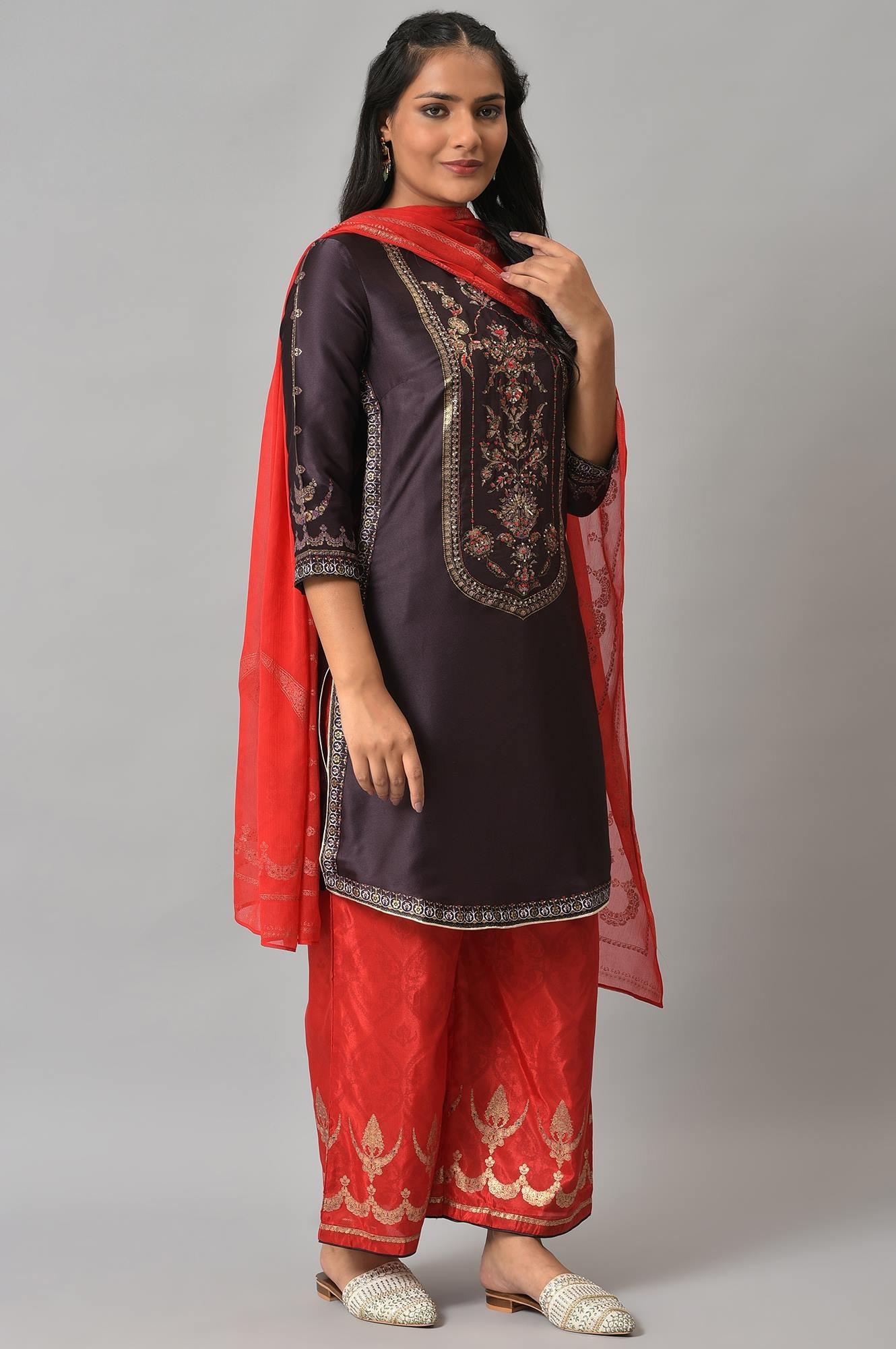 Purple Japanese Satin Short kurta With Red Parallel Pants And Dupatta - wforwoman