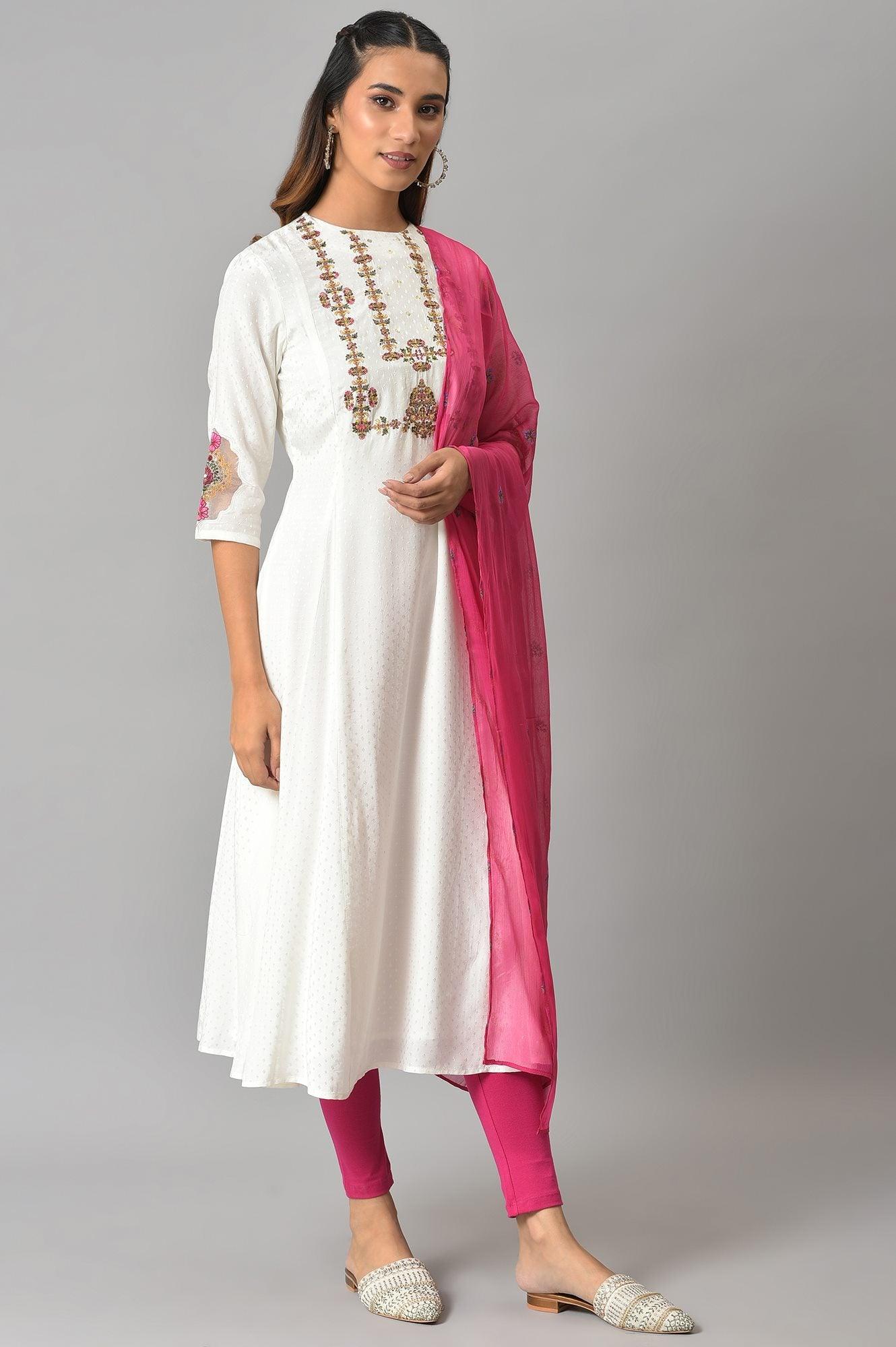 Ecru Embroudered Flared kurta In Round Neck With Tights And Chiffon Dupatta - wforwoman