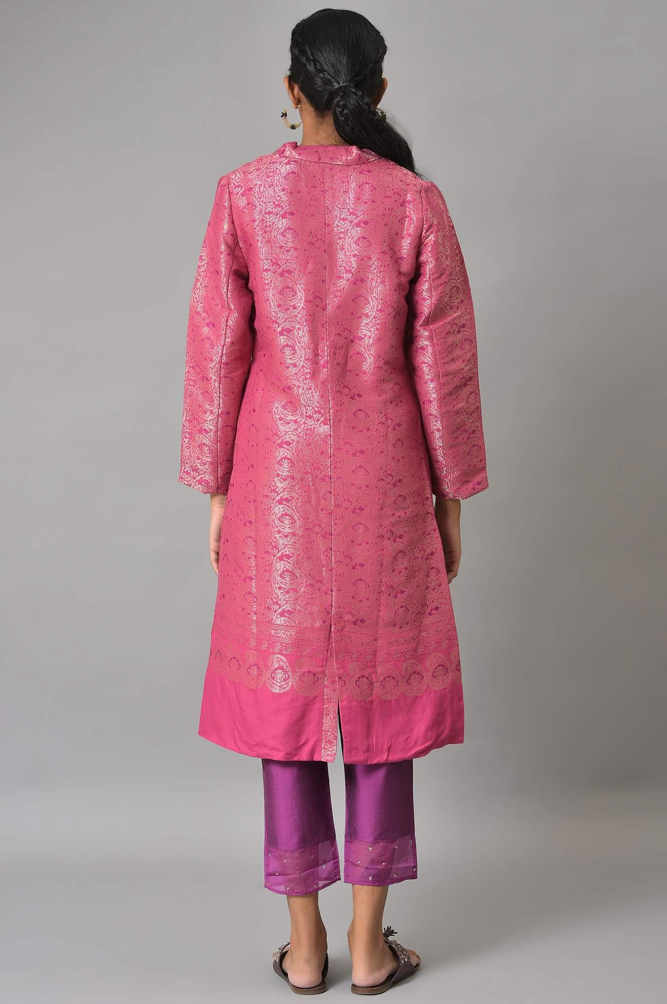 Pink Jacquard Jacket, Purple kurta & Pant Suit Set - wforwoman