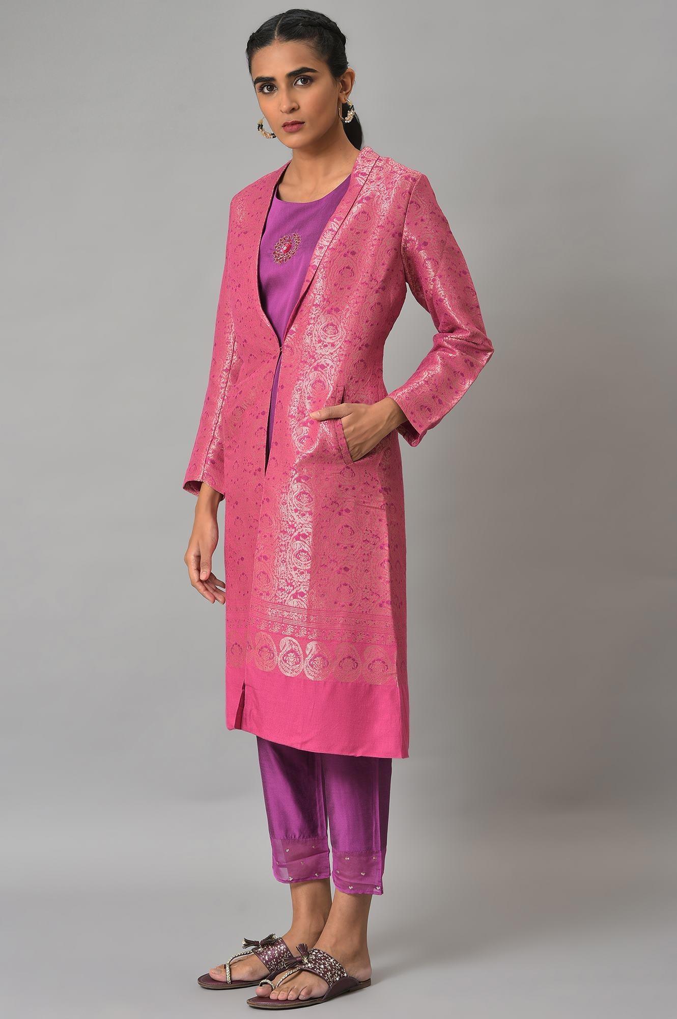 Pink Jacquard Jacket, Purple kurta & Pant Suit Set - wforwoman