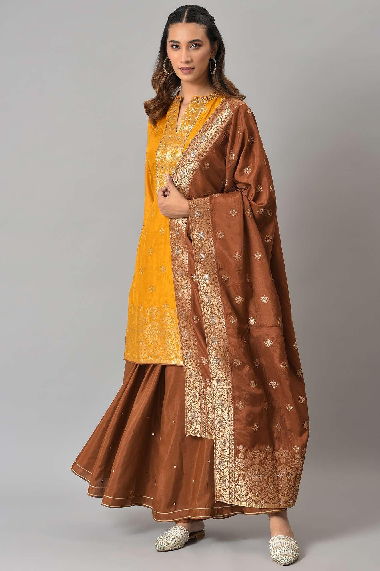 Mustard Embroidered kurta In Round Neck With Sharara And Dupatta Set - wforwoman